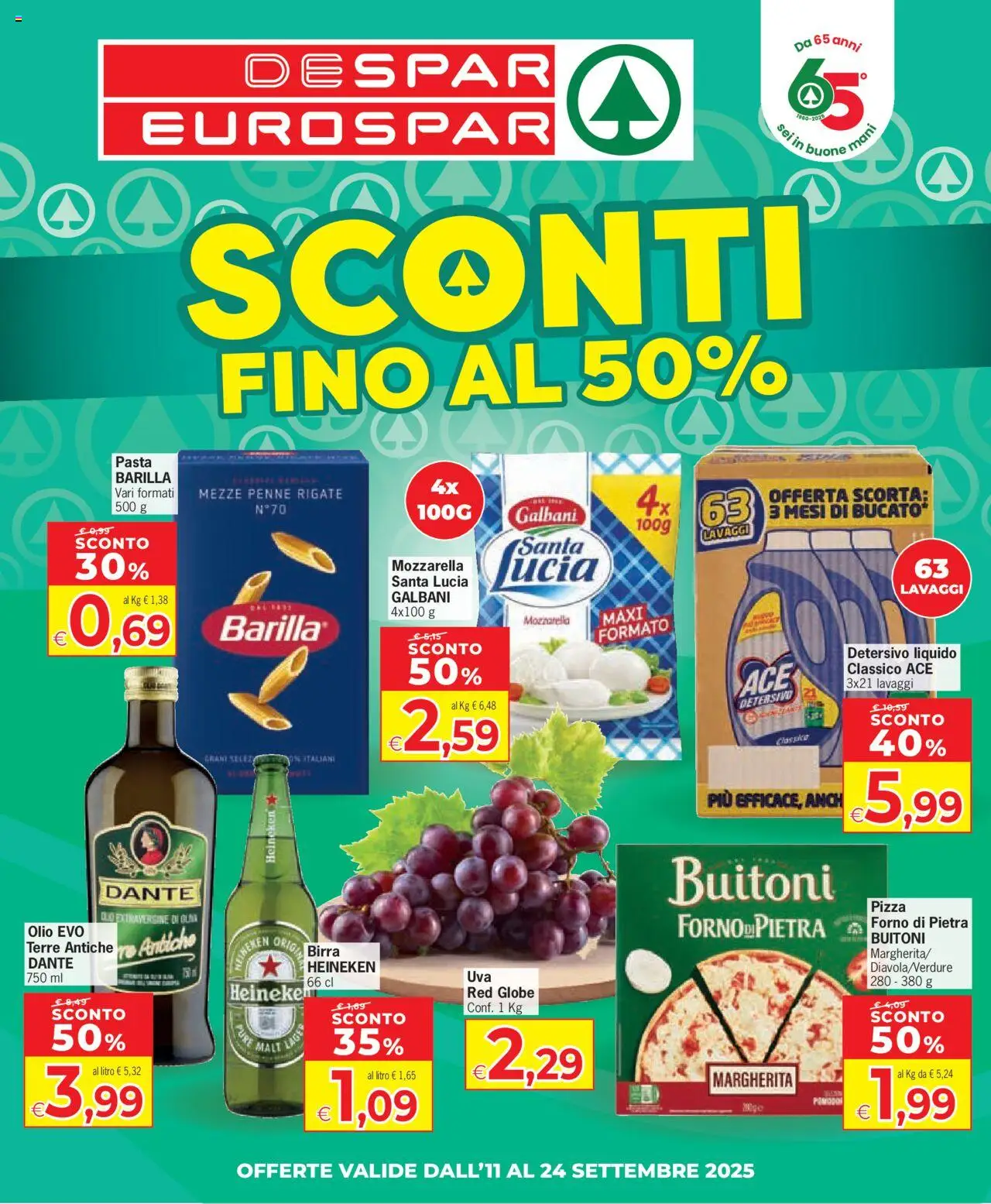 Volantino Despar valido da 11/09/2025 numero di pagina 1 - Pizza, Forno, Mozzarella, Olio, Penne, Barilla, Heineken, Birra Heineken