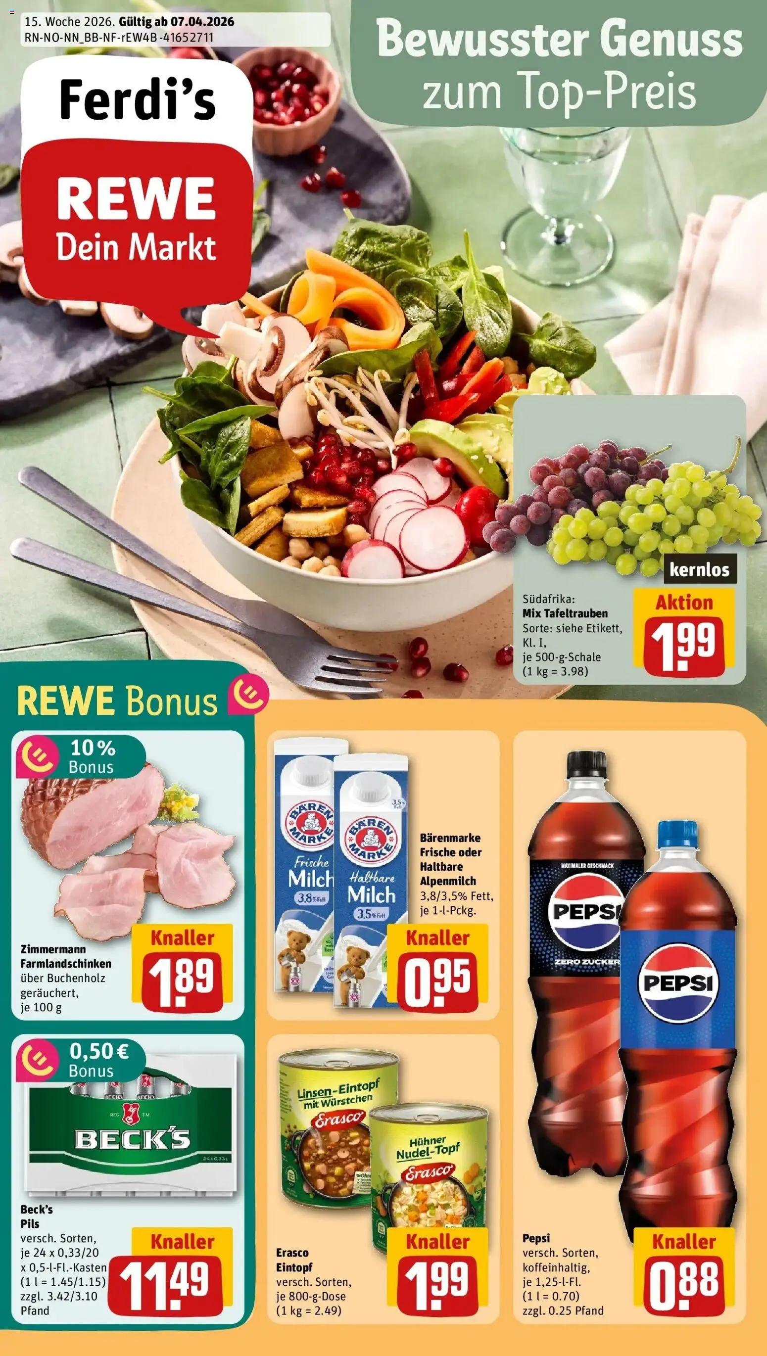 Vorschau von dem Prospekt des Geschäftes Rewe, gültig ab dem 05.04.2026 - Milch, Zucker, Pepsi, Pils, Erasco