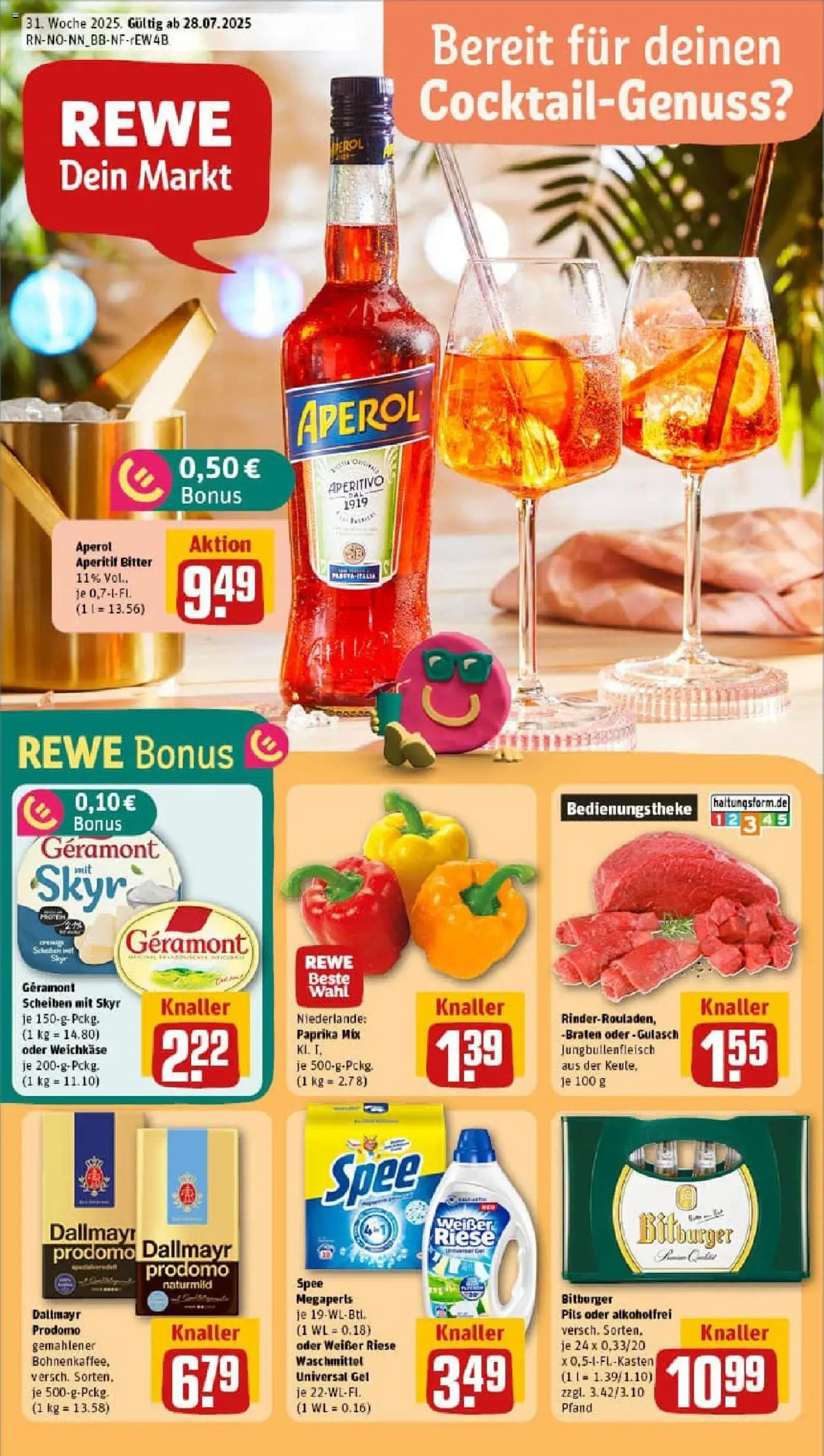 REWE Prospekt ab 27.07.2025 nächste Woche - Prospekt Seevetal / Maschen - Aperol, Skyr, Paprika, Waschmittel, Bitburger, Dallmayr prodomo, Geramont, Pils