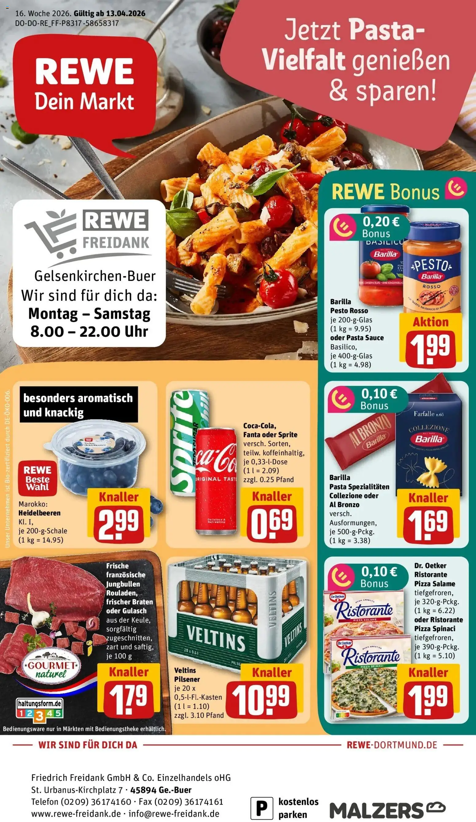 Vorschau von dem Prospekt des Geschäftes Rewe, gültig ab dem 12.04.2026 - Pizza, Uhr, Telefon, Gulasch, Veltins, Barilla, Barilla pesto, Spezialitäten