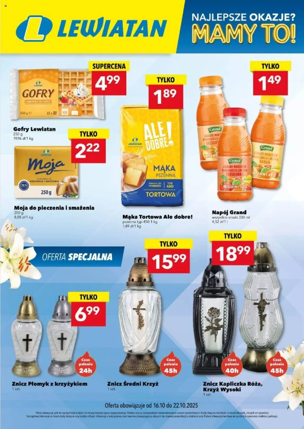 Pogląd gazetki "Są okazje w Lewiatanie" ze sklepu Lewiatan ważnej od 16.10.2025 - Gofry, Mąka, Banan, Marchew, Znicz kapliczka, Mąka tortowa