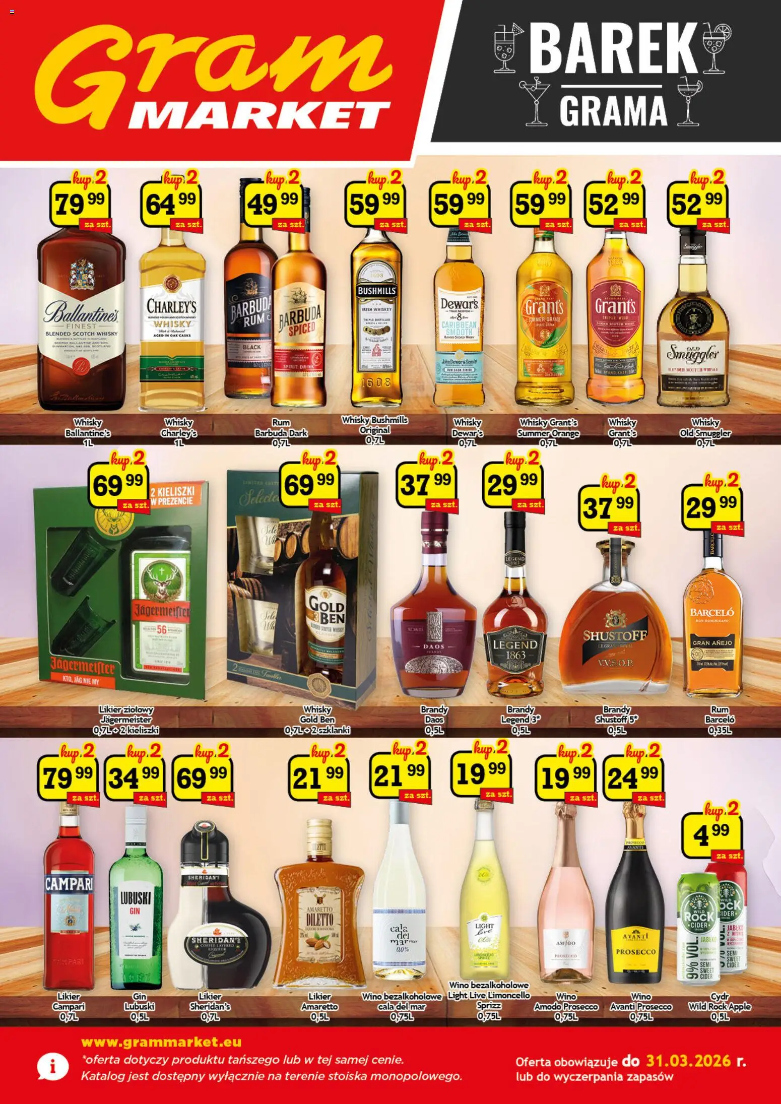 Pogląd gazetki "Gram Market gazetka - Barek" ze sklepu Gram Market ważnej od 01.03.2026 - Whisky, Szklanki, Amaretto, Cydr, Grant's, Whisky Bushmills, Likier ziołowy, Barceló