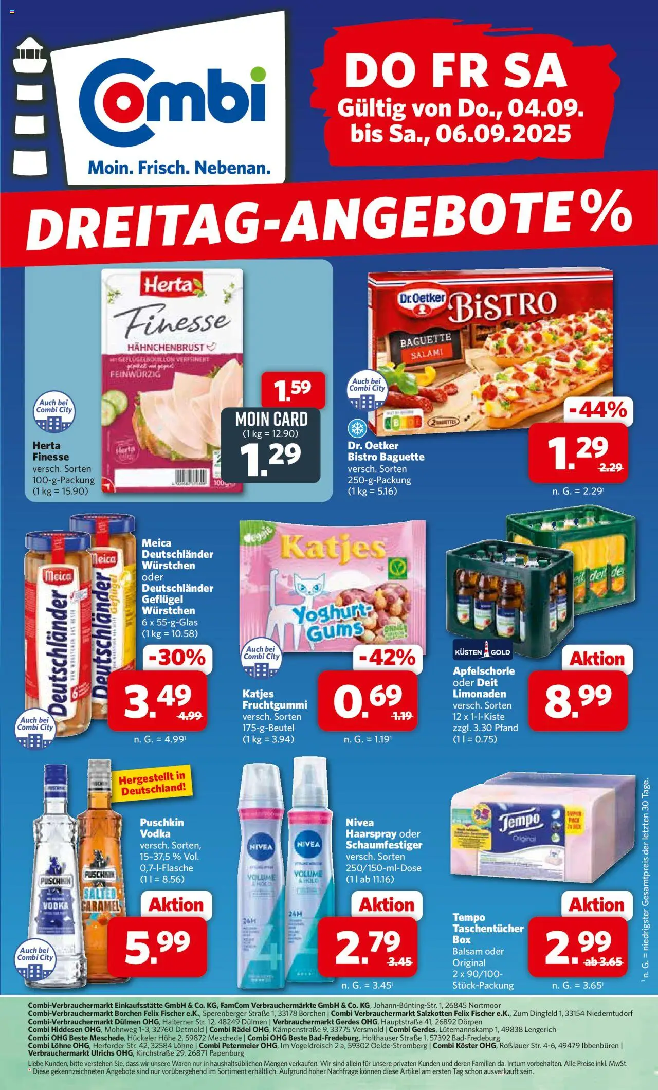 Combi Dreitag-Angebote (vom 04.09.2025 - 06.09.2025) - Baguette, Vodka, Salami, Tempo, Haarspray, Taschentücher, Meica, Hahnchenbrust