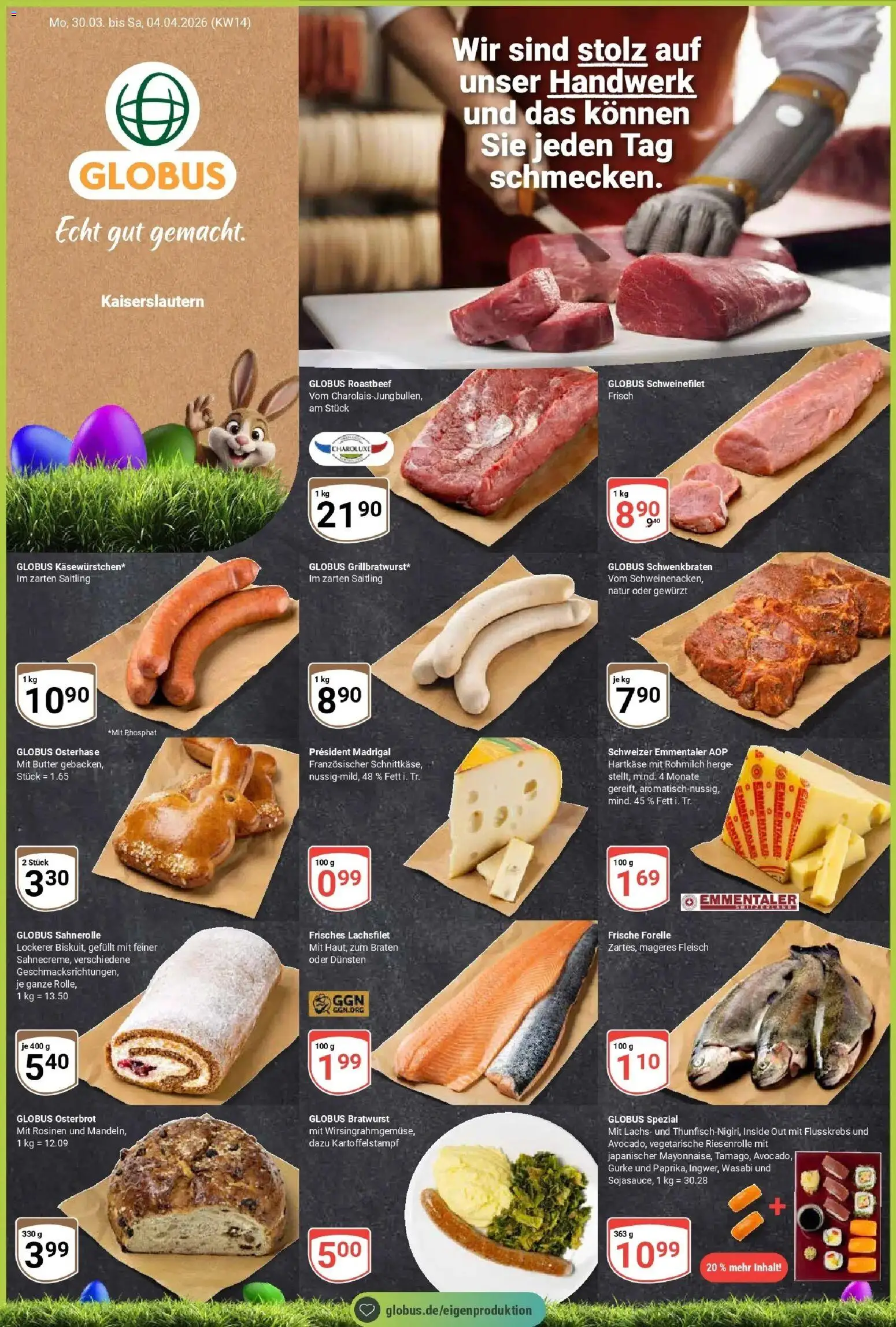 Vorschau von dem Prospekt des Geschäftes Globus, gültig ab dem 30.03.2026 - Butter, Bratwurst, Lachs, Roastbeef, Fleisch, Schweinefilet, Rosinen