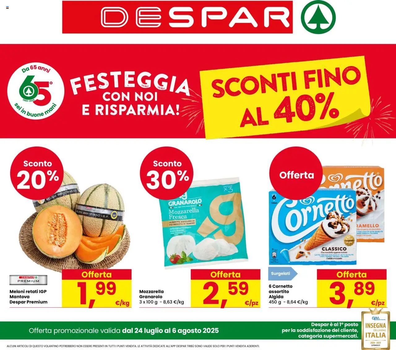 Volantino Despar valido da 24/07/2025 numero di pagina 1 - Cioccolato, Cornetto, Panna, Mozzarella, Latte, Nocciole, Melone