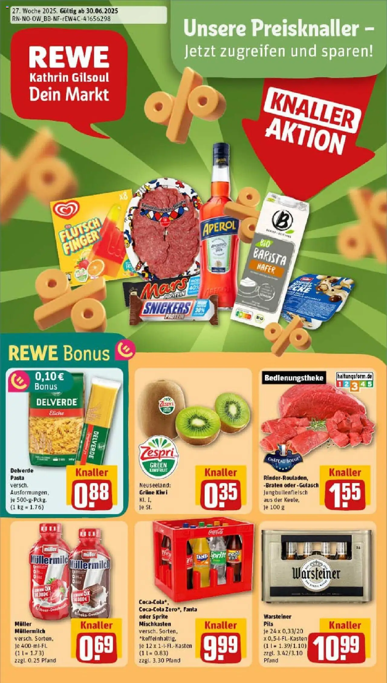 REWE Prospekt ab 29.06.2025 nächste Woche - Prospekt Dörentrup - Aperol, Gulasch, Kiwi, Warsteiner, Snickers, Fanta, Müllermilch, Sprite