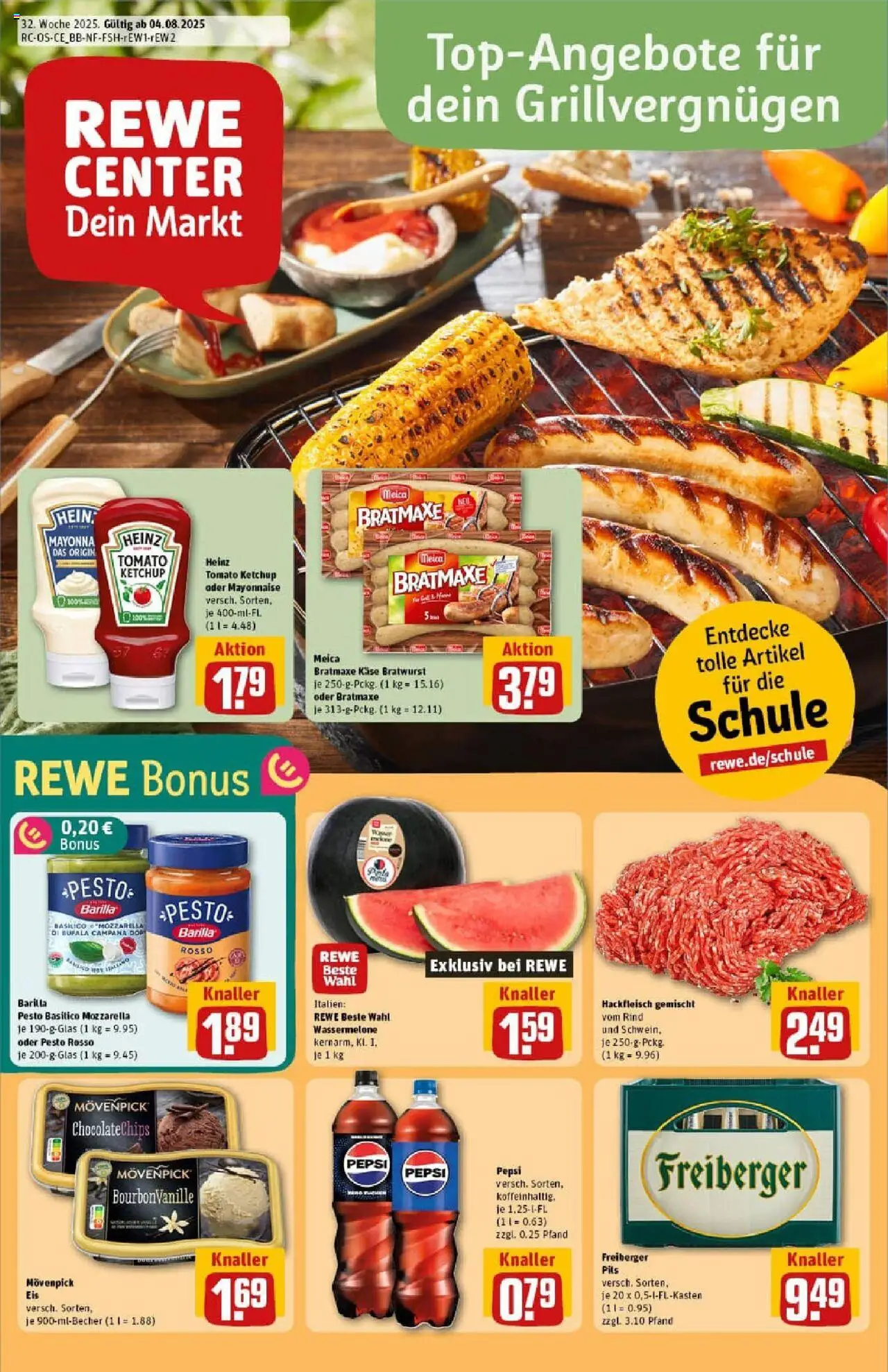 REWE Prospekt ab 03.08.2025 nächste Woche - Prospekt Chemnitz - Eis, Mozzarella, Hackfleisch, Wassermelone, Ketchup, Pepsi, Pils, Meica