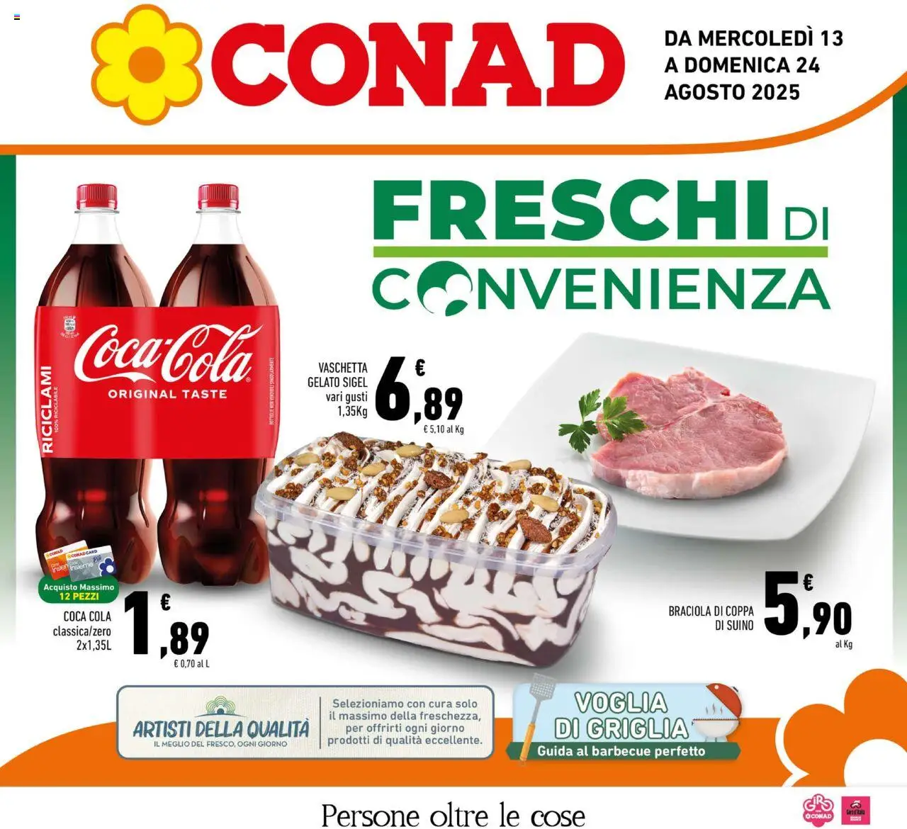 Volantino Conad valido da 13/08/2025 numero di pagina 1 - Gelato, Coca Cola, Barbecue, Griglia, Suino