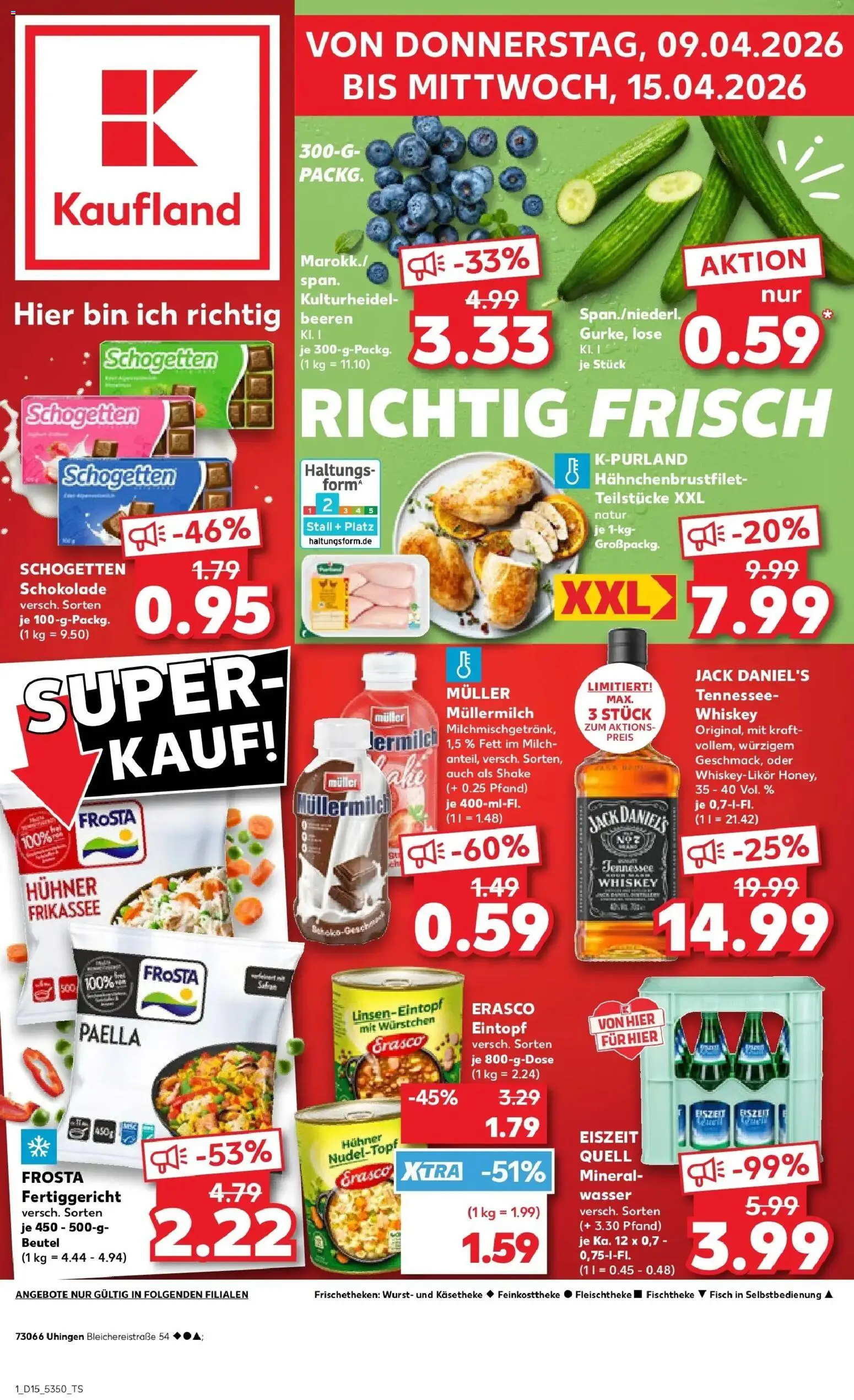 Vorschau von dem Prospekt des Geschäftes Kaufland, gültig ab dem 08.04.2026 - Schokolade, Fisch, Wurst, Mineralwasser, Whiskey, Müllermilch, Schogetten, Muller mullermilch