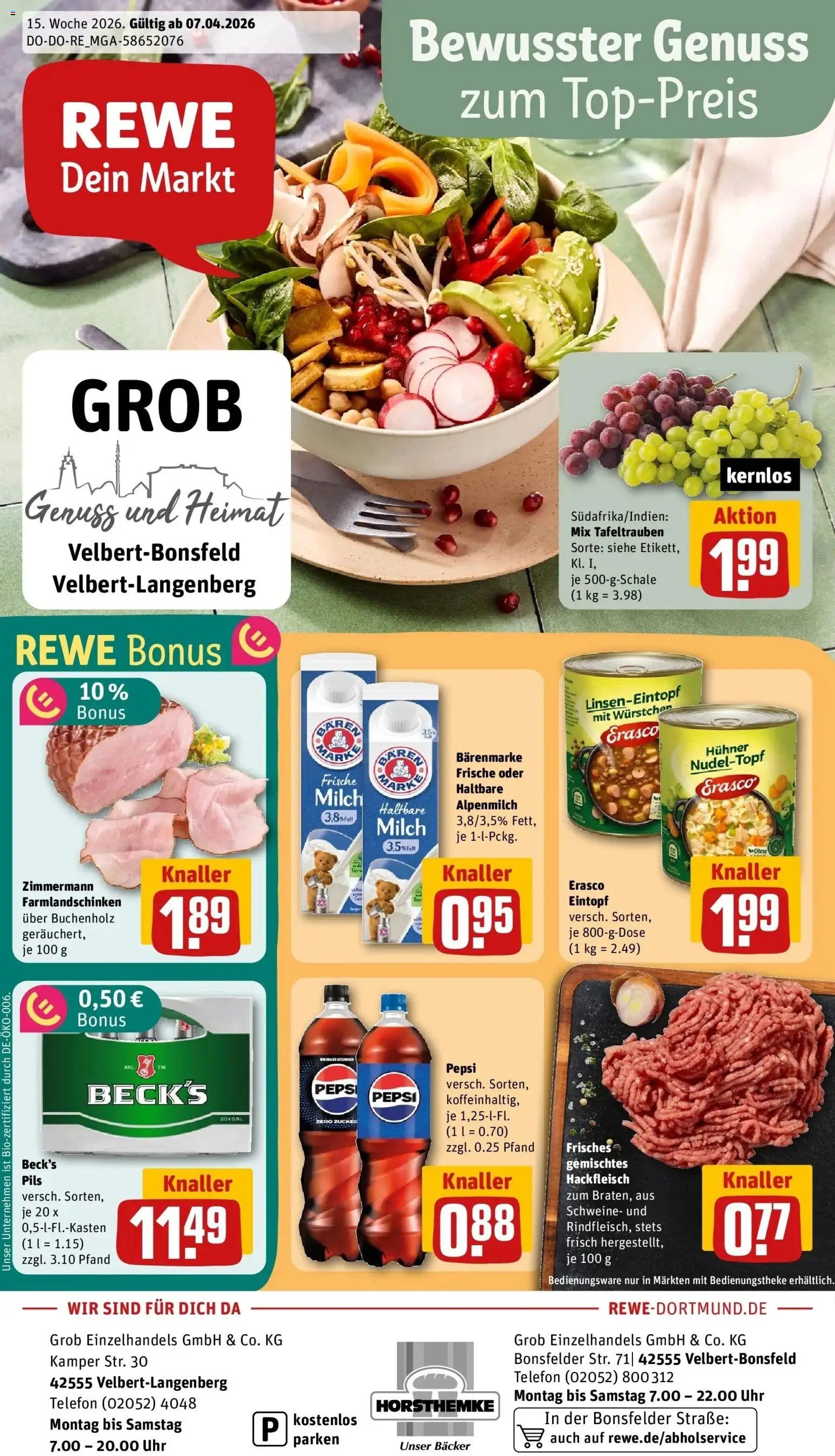 Vorschau von dem Prospekt des Geschäftes Rewe, gültig ab dem 05.04.2026 - Uhr, Telefon, Milch, Hackfleisch, Zucker, Pepsi, Pils, Erasco
