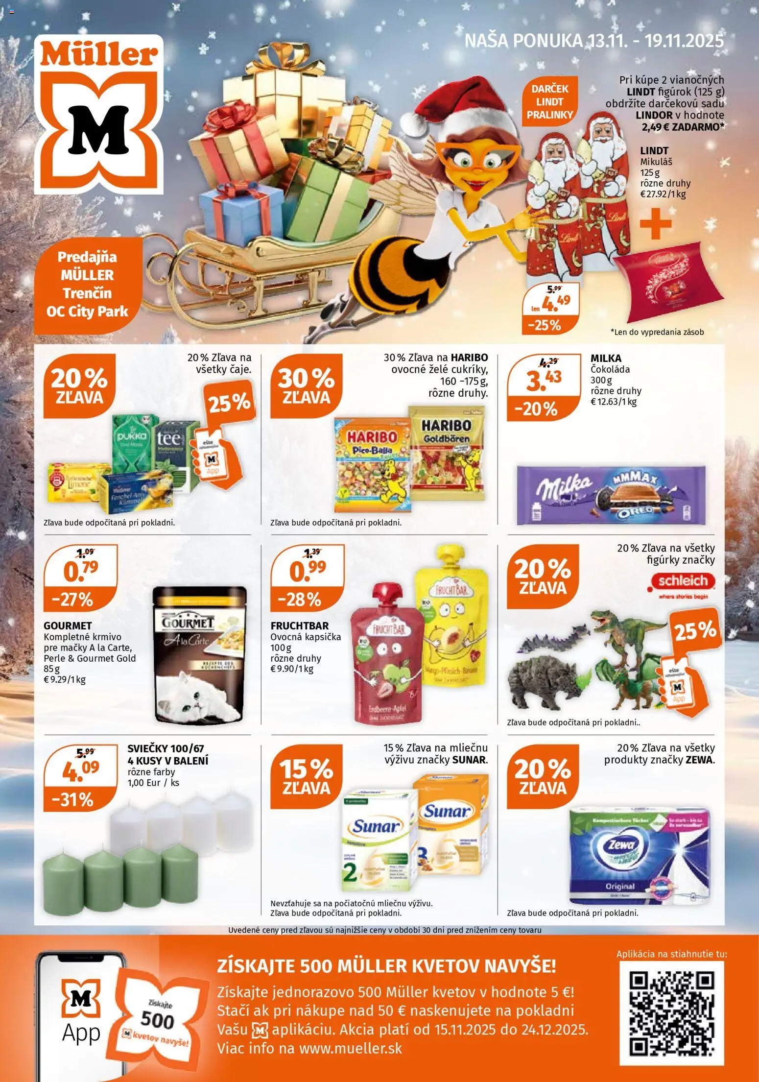 Náhľad Müller letáku platného od 13.11.2025 - Čokoláda, Lindt, Sviečky, Milka, Oreo, Sunar, Lindor
