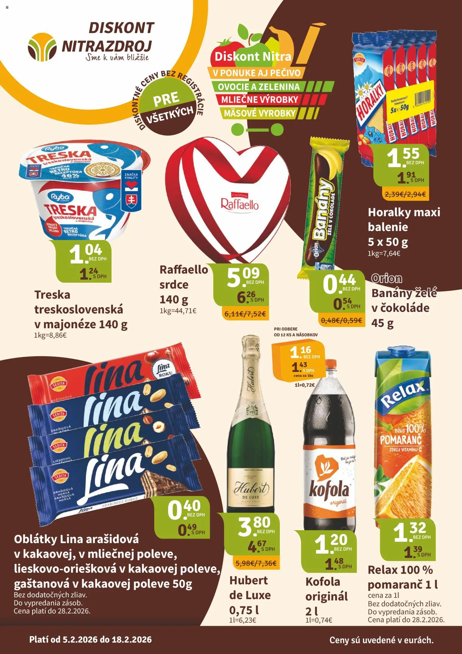 Náhľad Nitrazdroj letáku platného od 05.02.2026 - Kofola, Ryba, Ovocie, Zelenina, Raffaello, Džús, Oblátky, Banány
