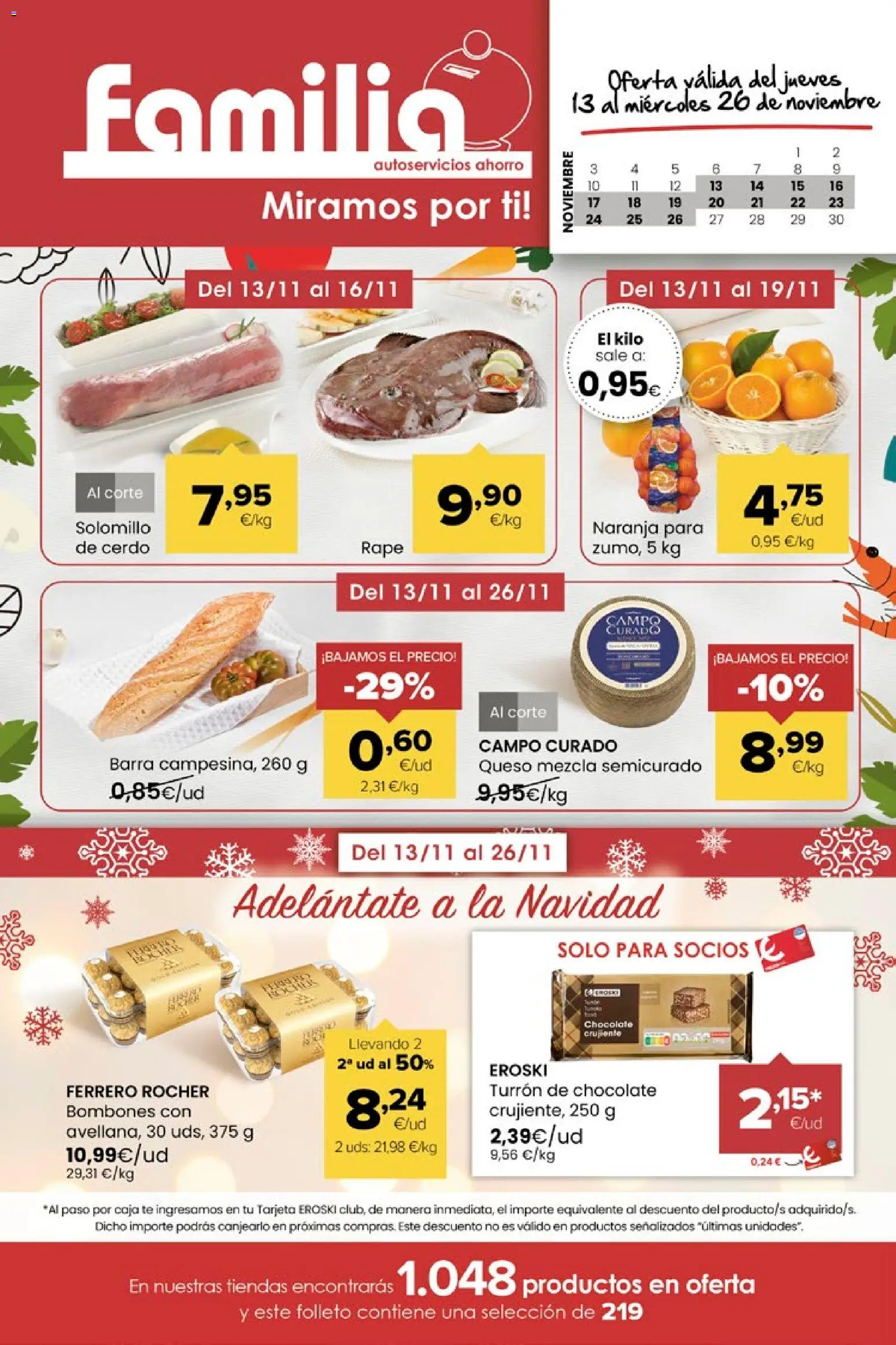 Vista previa del folleto de la tienda Eroski válido desde el 13/11/2025 - Chocolate, Té, Queso, Cerdo, Ferrero Rocher, Caja