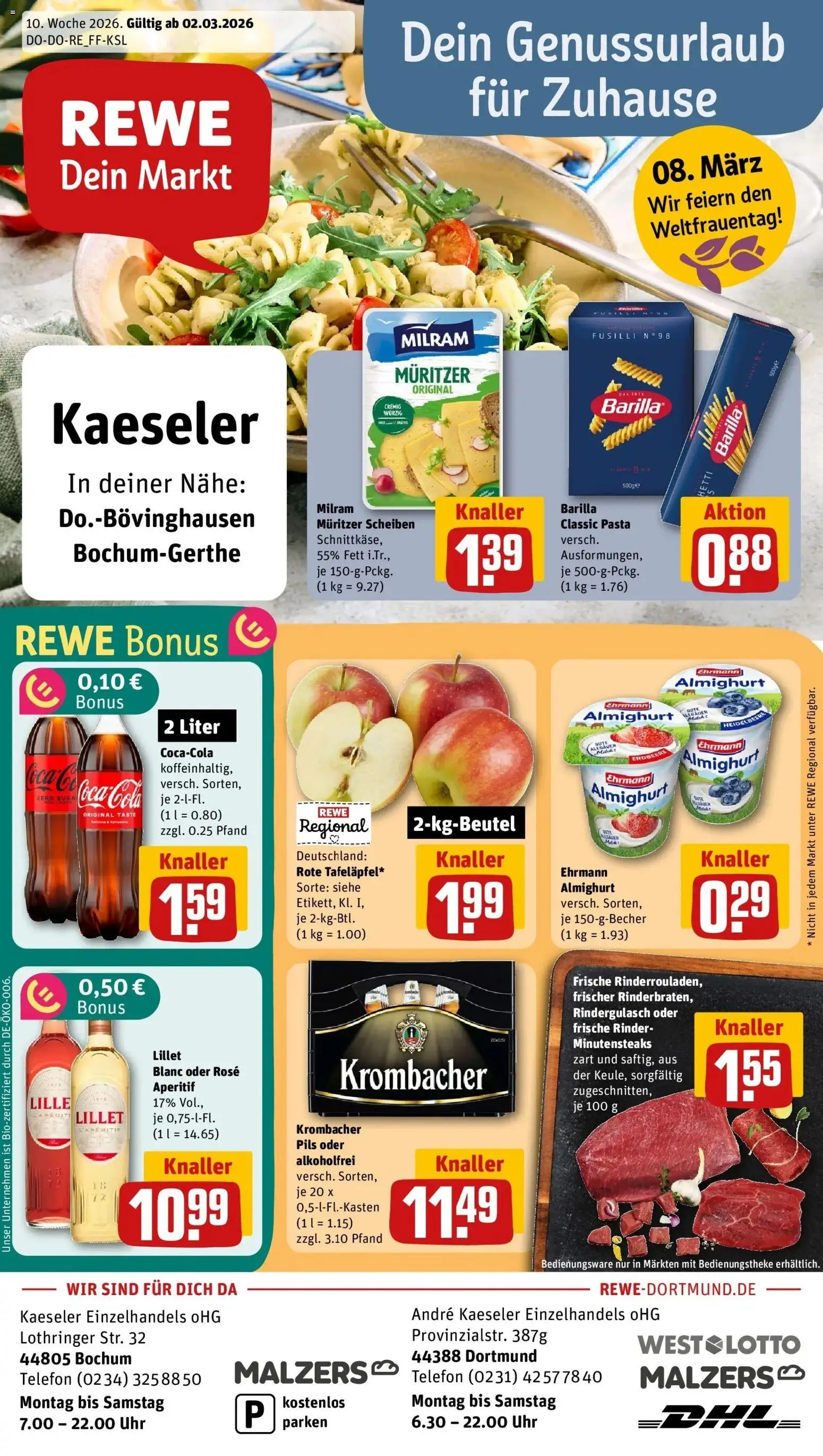 Vorschau von dem Prospekt des Geschäftes Rewe, gültig ab dem 02.03.2026 - Lillet, Uhr, Telefon, Pasta, Cola, Krombacher, Pils, Milram