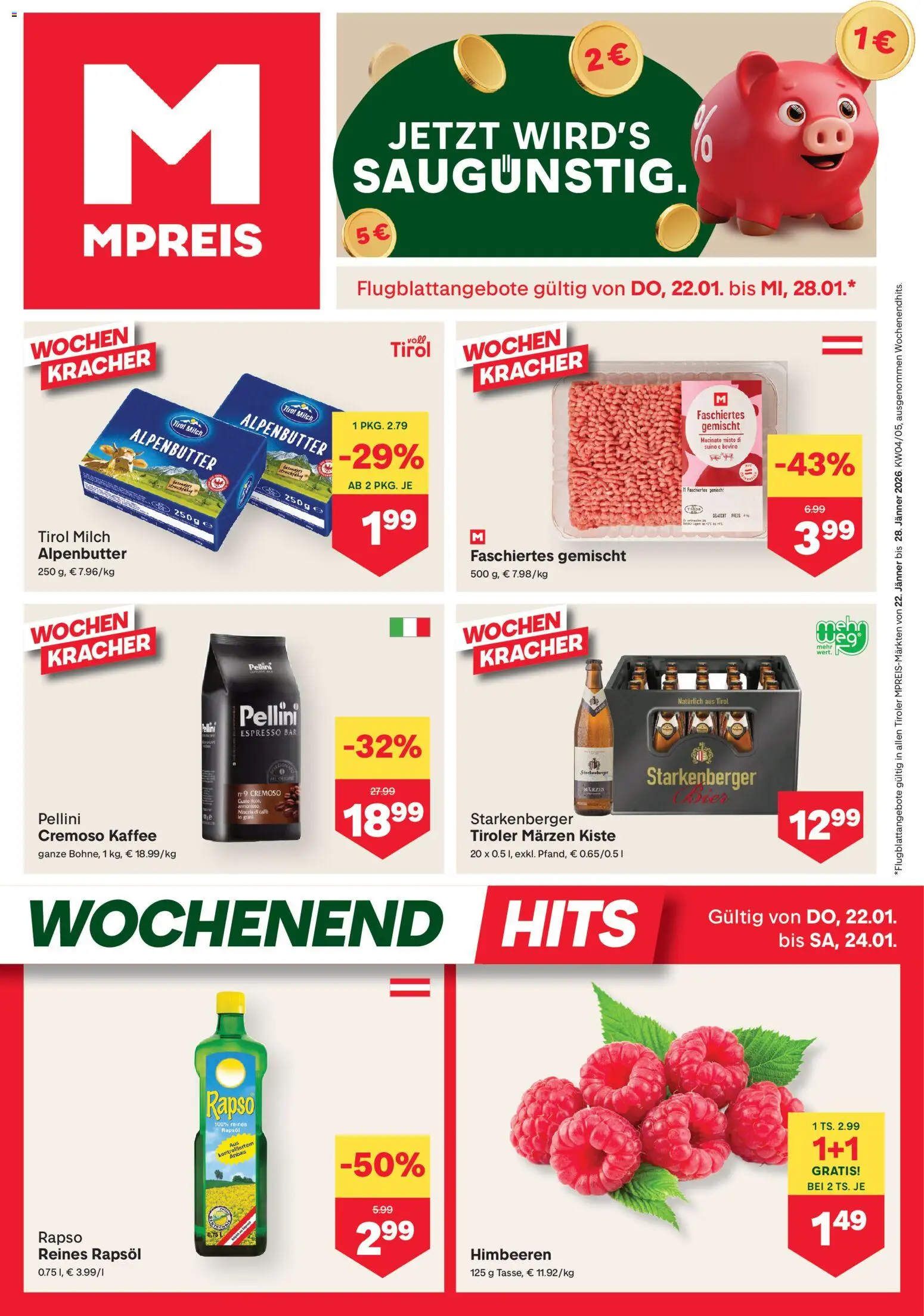 Vorschau der Angebote: MPREIS Flugblatt gültig ab 22.01.2026 - Kaffee, Bier, Milch, Rapsöl