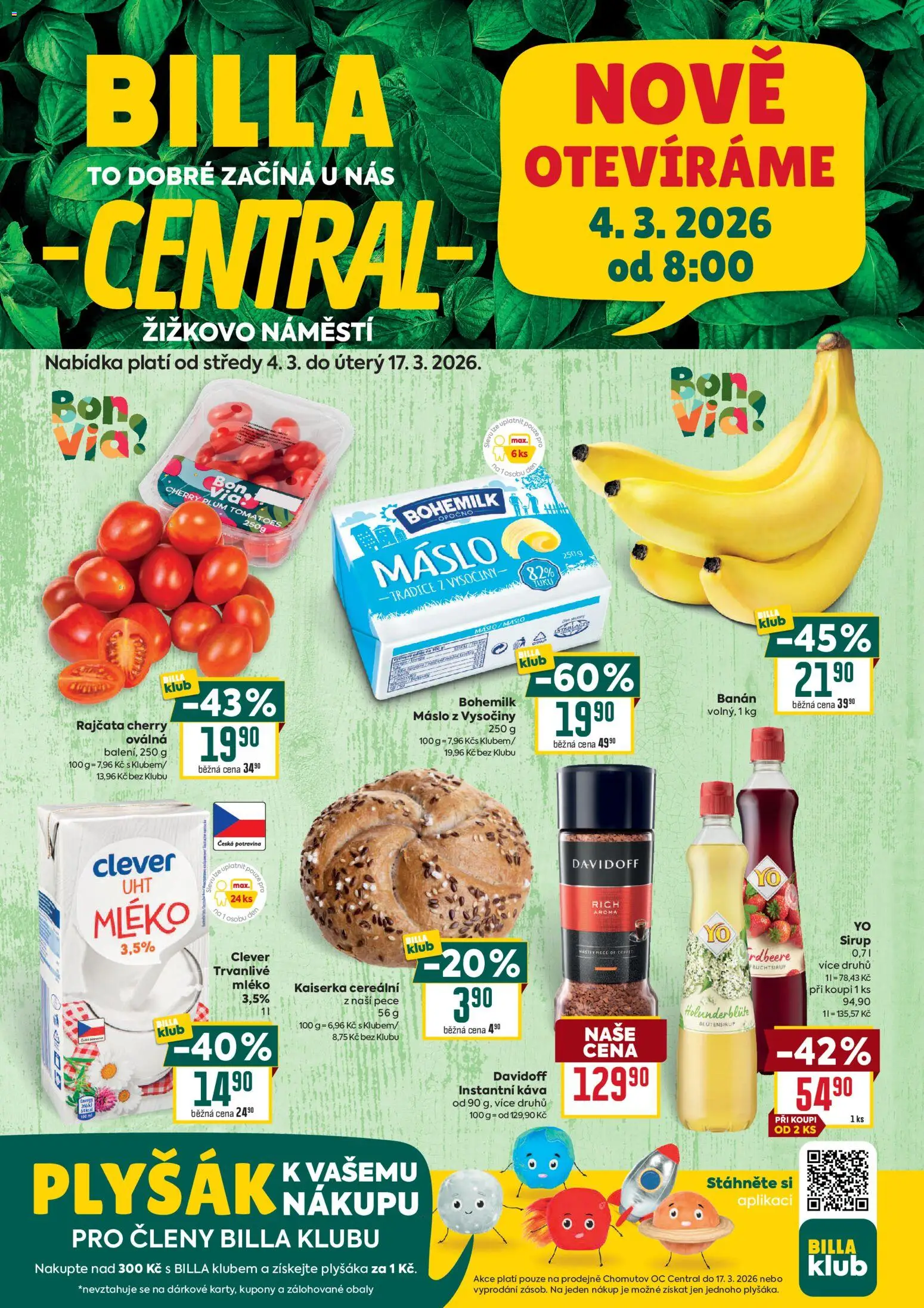 Náhled nabídky: Billa Billa leták - Chomutov platný od 04.03.2026 - Máslo, Káva, Mléko, Banán, Plyšák, Rajčata, Kaiserka, Clever