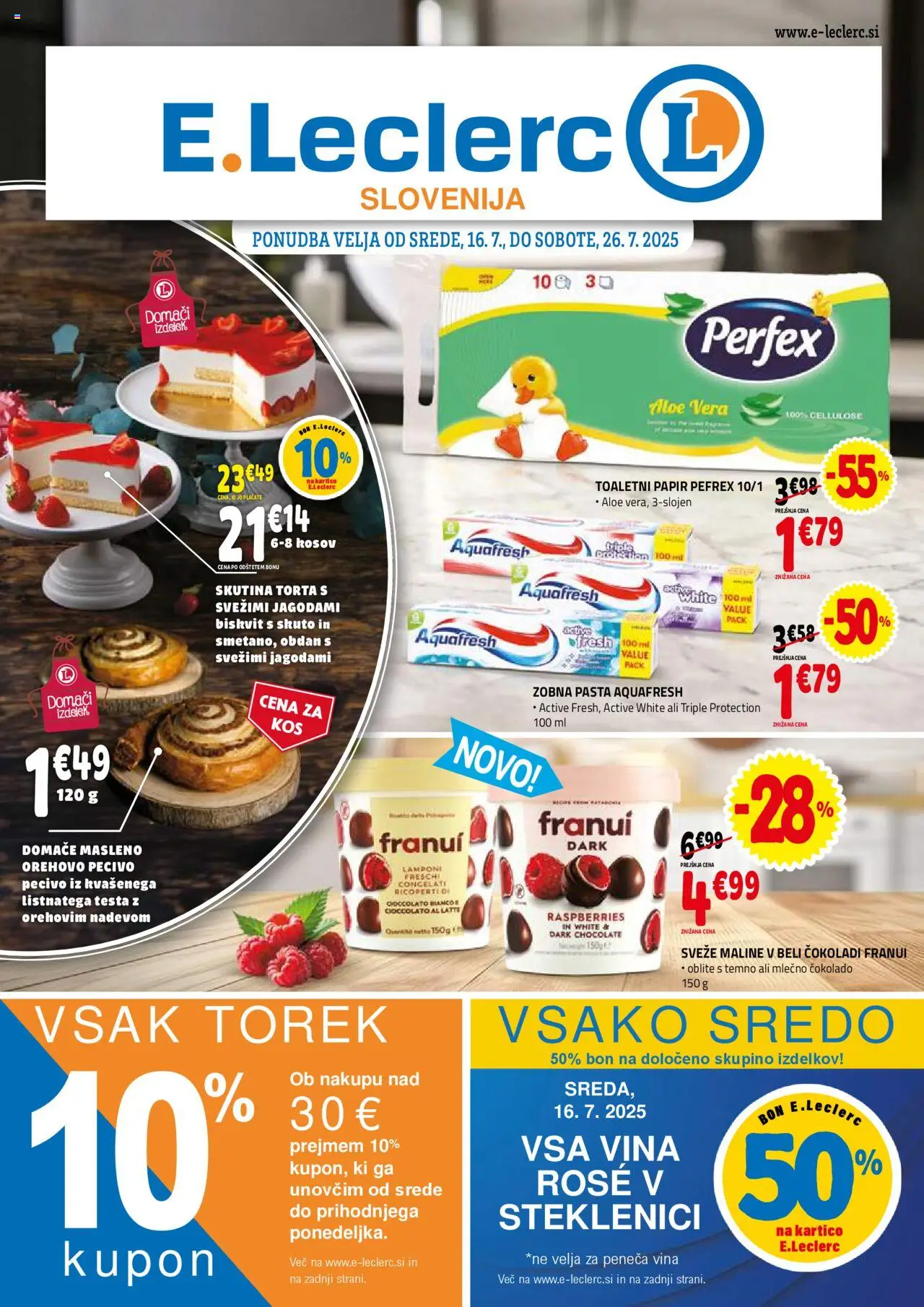 E.leclerc Katalog od 16.07.2025 - aktualna ponudba - stran 1 - Torta, Maline, Zobna pasta, Toaletni papir