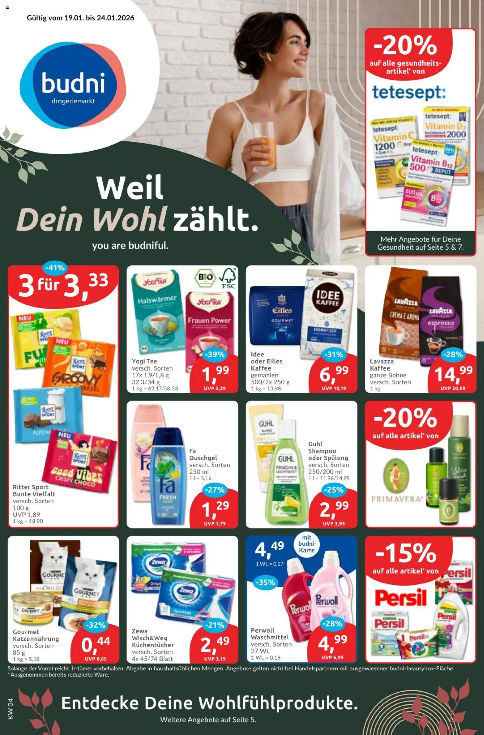 Vorschau von dem Prospekt des Geschäftes Budni, gültig ab dem 19.01.2026 - Kaffee, Tee, Ritter sport, Lavazza, Shampoo, Waschmittel, Duschgel, Zewa