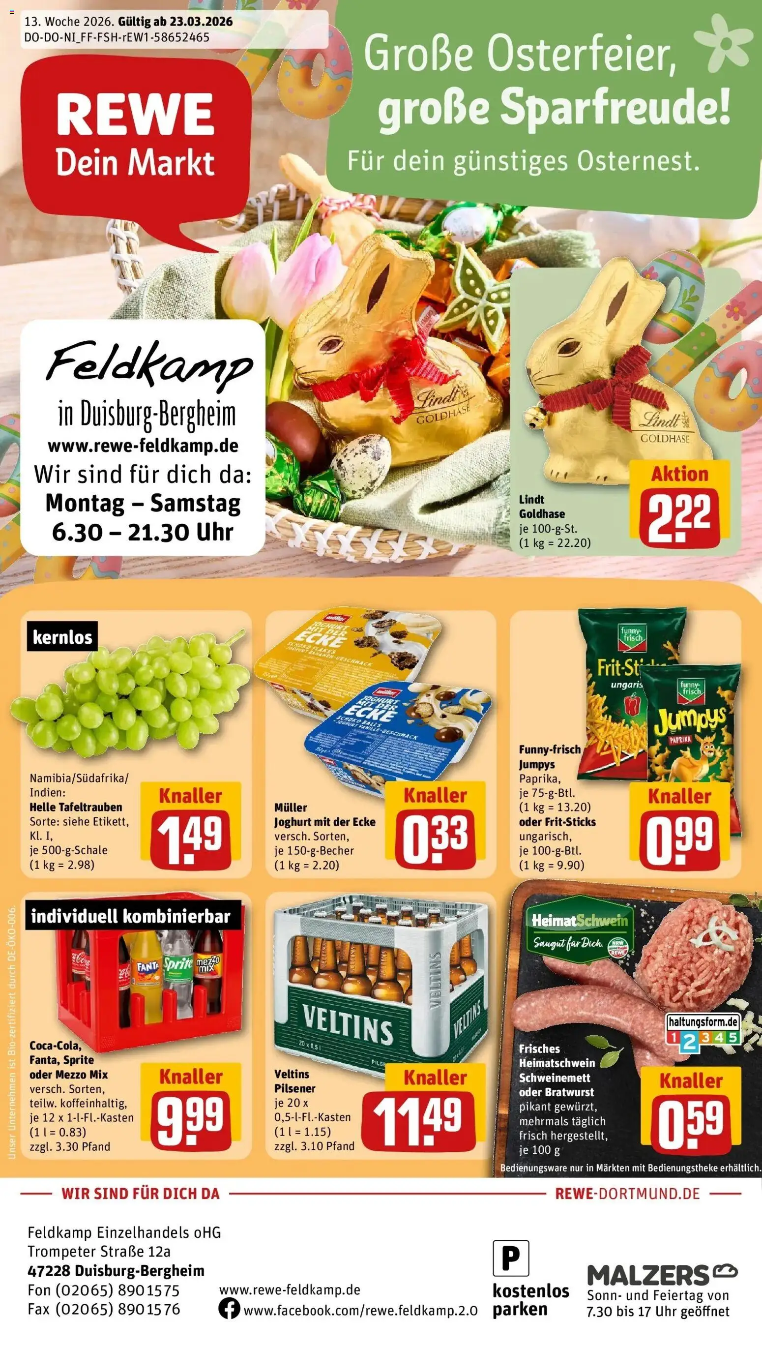 Vorschau von dem Prospekt des Geschäftes Rewe, gültig ab dem 23.03.2026 - Uhr, Lindt, Joghurt, Bananen, Paprika, Veltins, Funny frisch, Mezzo mix