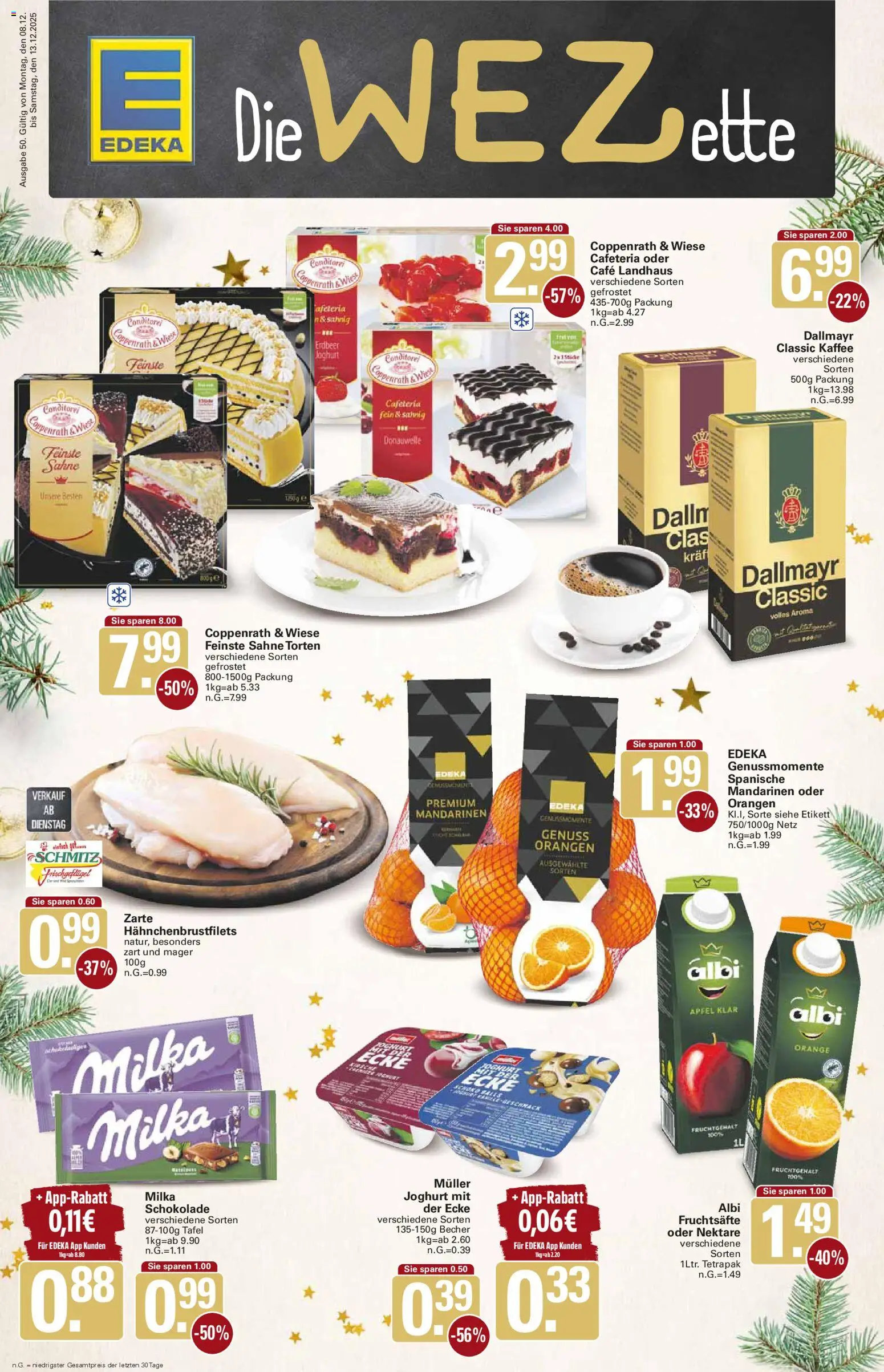 Vorschau von dem Prospekt des Geschäftes WEZ, gültig ab dem 08.12.2025 - Kaffee, Schokolade, Äpfel, Milka, Dallmayr, Sahne, Mandarinen, Orangen