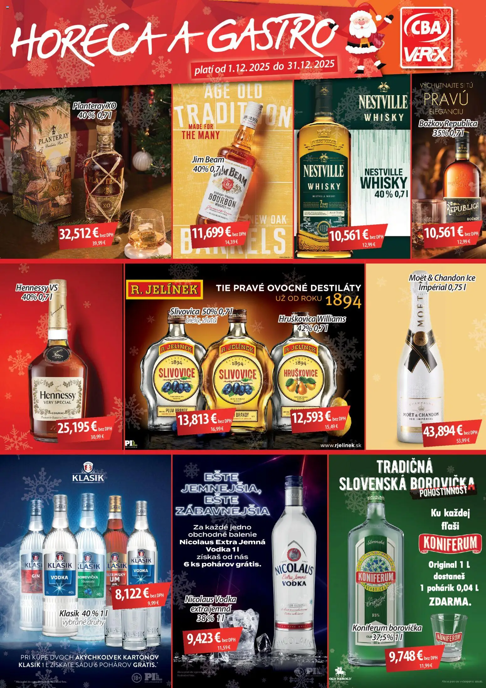 Náhľad CBA Verex letáku platného od 01.12.2025 - Whisky, Hennessy, Nicolaus vodka, Bourbon, Brandy, Koniferum, Hruškovica, Republica