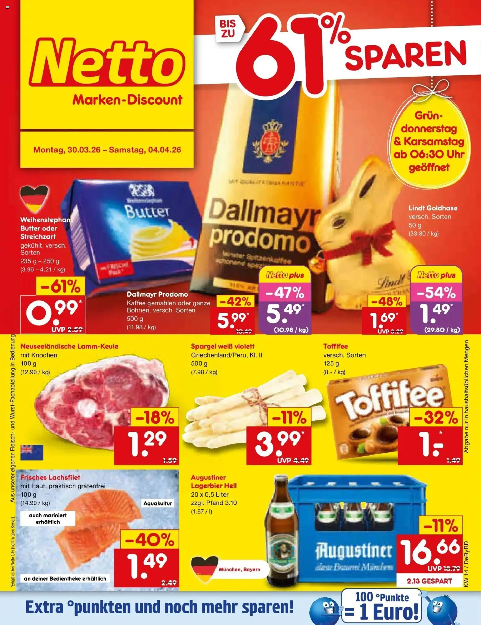 Vorschau von dem Prospekt des Geschäftes Netto Marken-Discount, gültig ab dem 30.03.2026 - Kaffee, Butter, Lindt, Spargel, Dallmayr, Toffifee, Lammkeule, Dallmayr prodomo