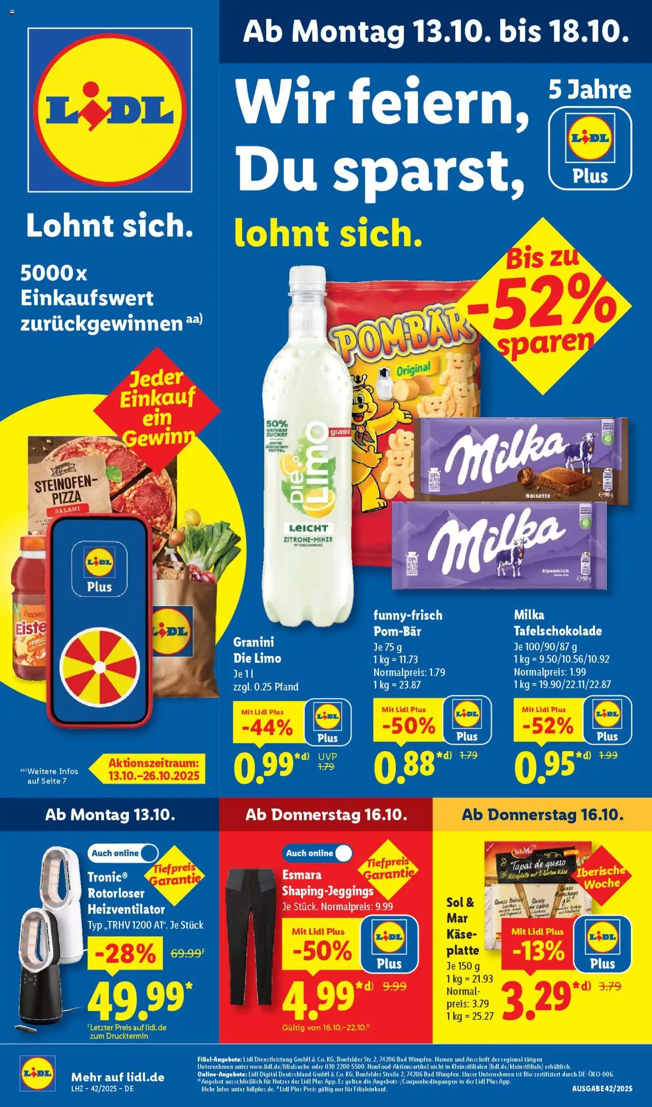 Vorschau von dem Prospekt des Geschäftes Lidl, gültig ab dem 13.10.2025 - Pizza, Käse, Bad, Milka, Pfirsich, Zucker, Salami, Granini