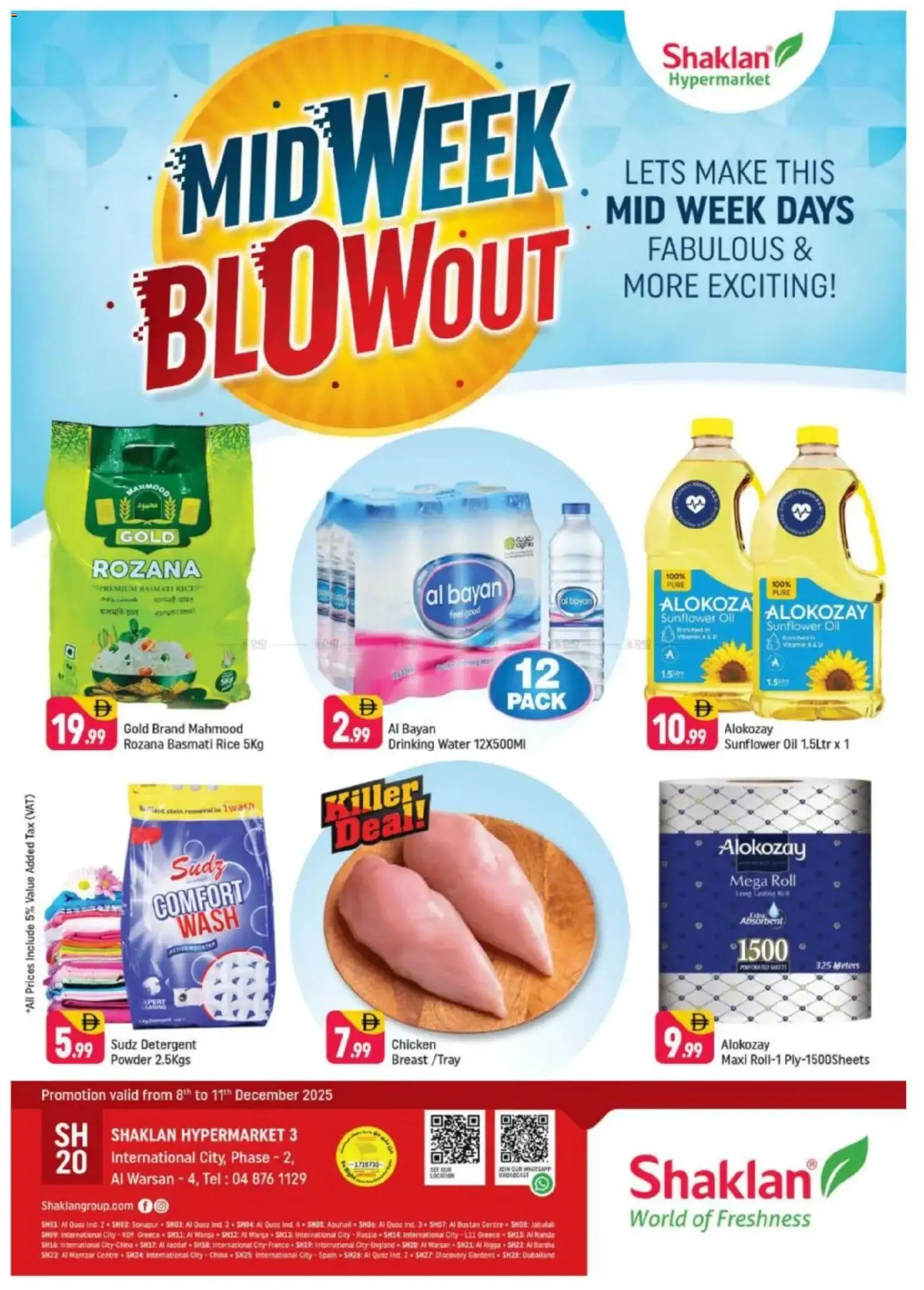 Preview of the catalogue Midweek Blow Out - Al Warsan of store Shaklan valid from 8 Dec, 2025 - Chicken, Water, Oil, Rice, Detergent, Powder