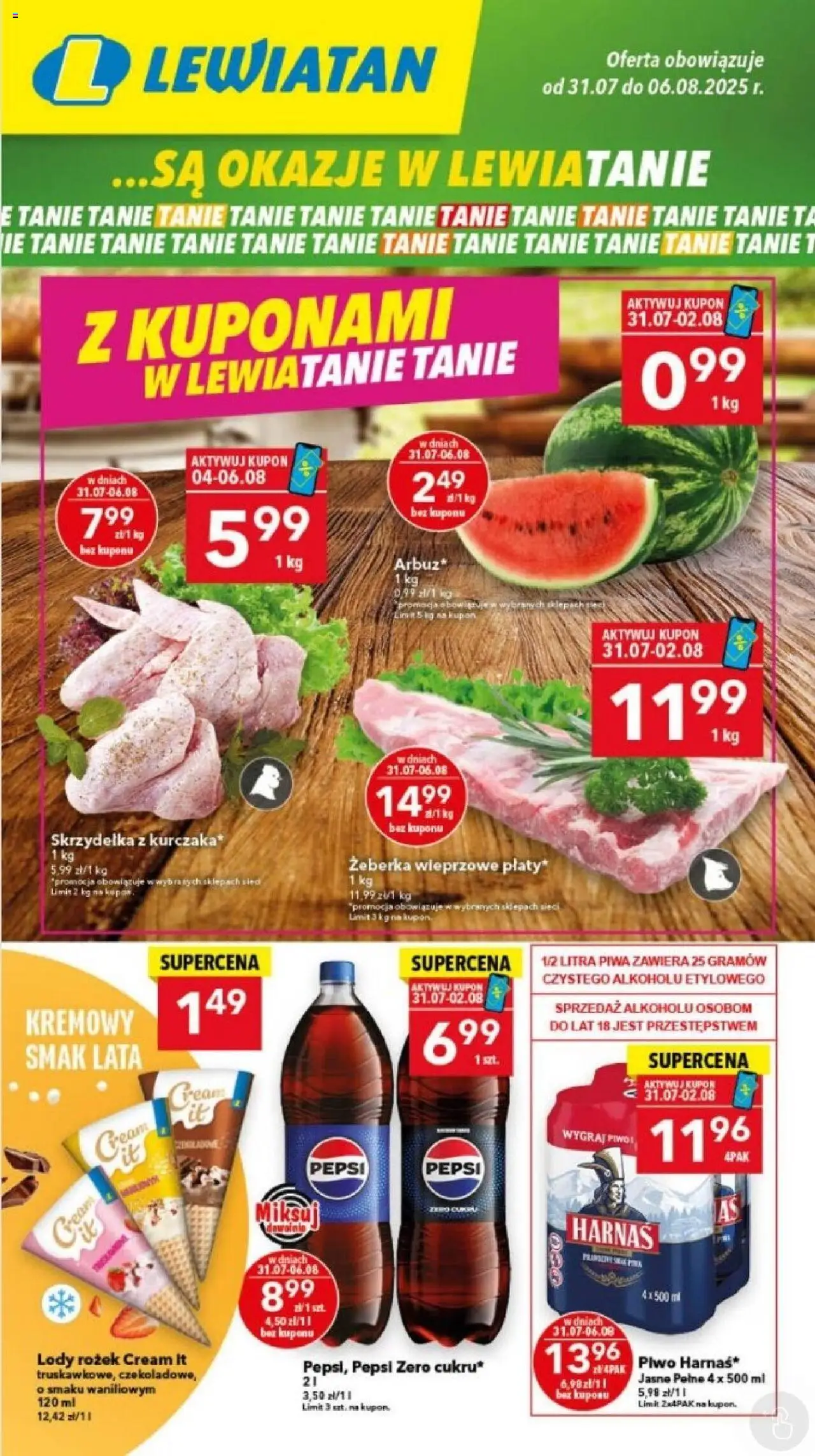 Lewiatan gazetka od 31.07.2025 - Promocje "Bydgoszcz" - Numer strony 1 - Żeberka, Żeberka wieprzowe, Promocja, Skrzydełka, Harnaś, Piwo, Lody, Pepsi Zero