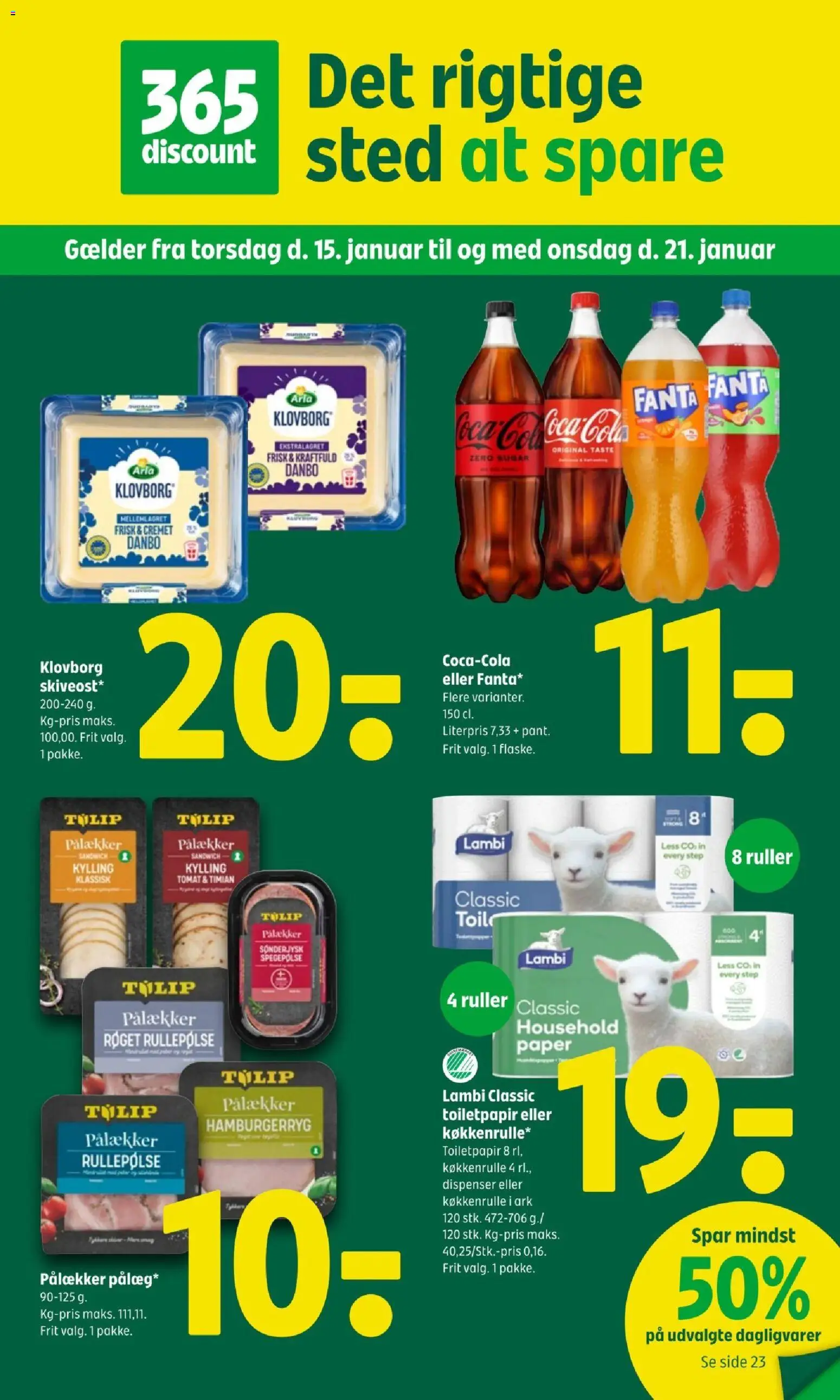 Eksempel på tilbudsavis Tilbudsavis fra butik Coop 365 gyldig fra 15/01/2026 - Toilet, Dagligvarer, Hamburgerryg, Cola, Timian, Fanta, Rullepølse