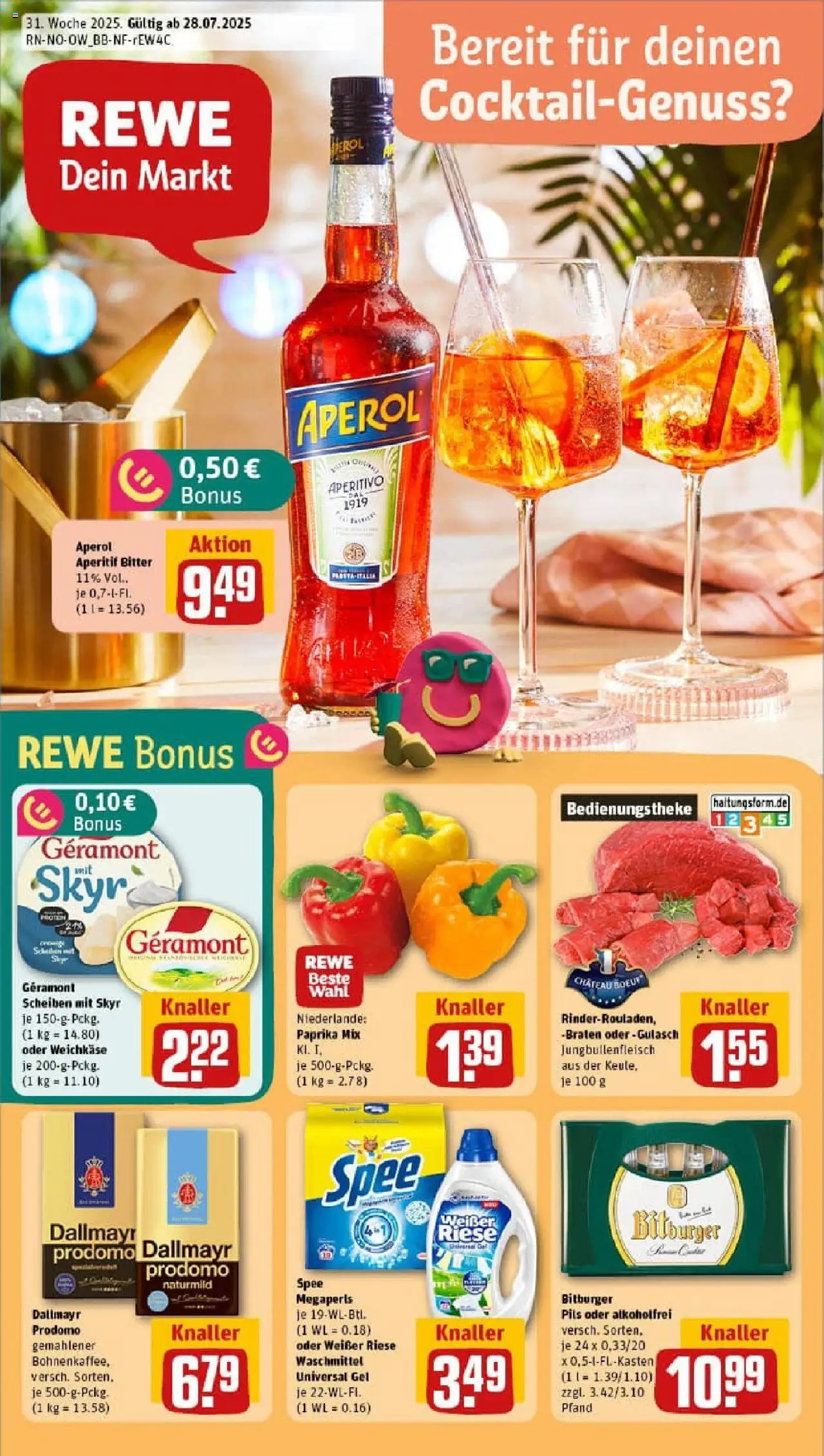 REWE Prospekt ab 27.07.2025 nächste Woche - Prospekt Petershagen - Gulasch, Spee, Skyr, Paprika, Waschmittel, Dallmayr prodomo, Geramont, Pils