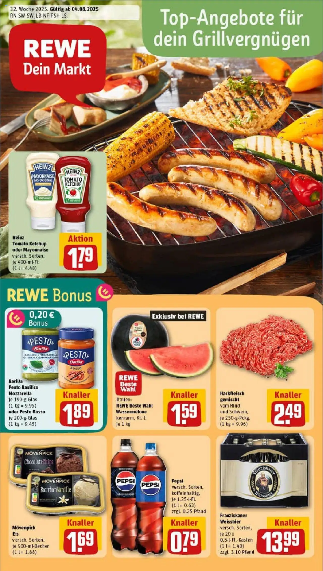 REWE Prospekt ab 03.08.2025 nächste Woche - Prospekt Maxdorf - Eis, Chips, Mozzarella, Mayonnaise, Wassermelone, Ketchup, Pepsi, Weißbier
