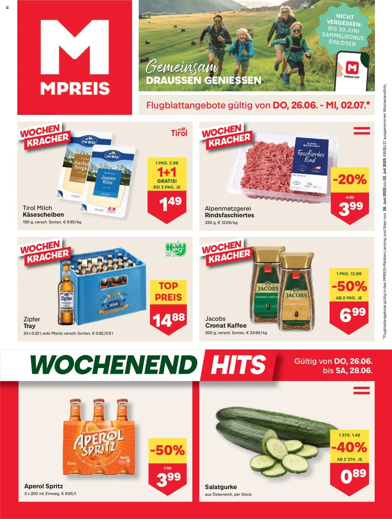  MPREIS Lenzing ab (26.06.2025 - 02.07.2025) - Seite 1 - Kaffee, Bier, Aperol, Milch, Käse