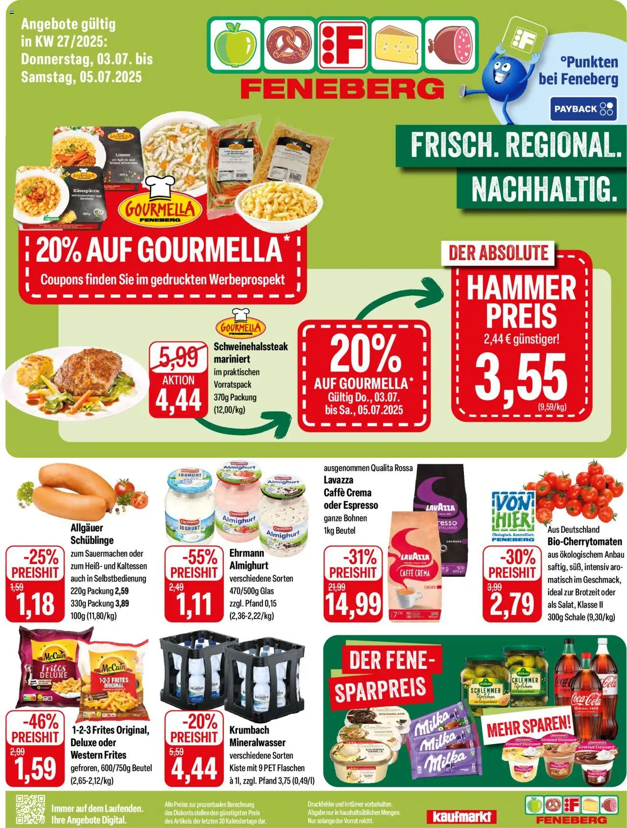 Feneberg Angebote (vom 03.07.2025 - 05.07.2025) - Schokolade, Joghurt, Mineralwasser, Milka, Lavazza, McCain, Ehrmann almighurt, McCain 123 Frites