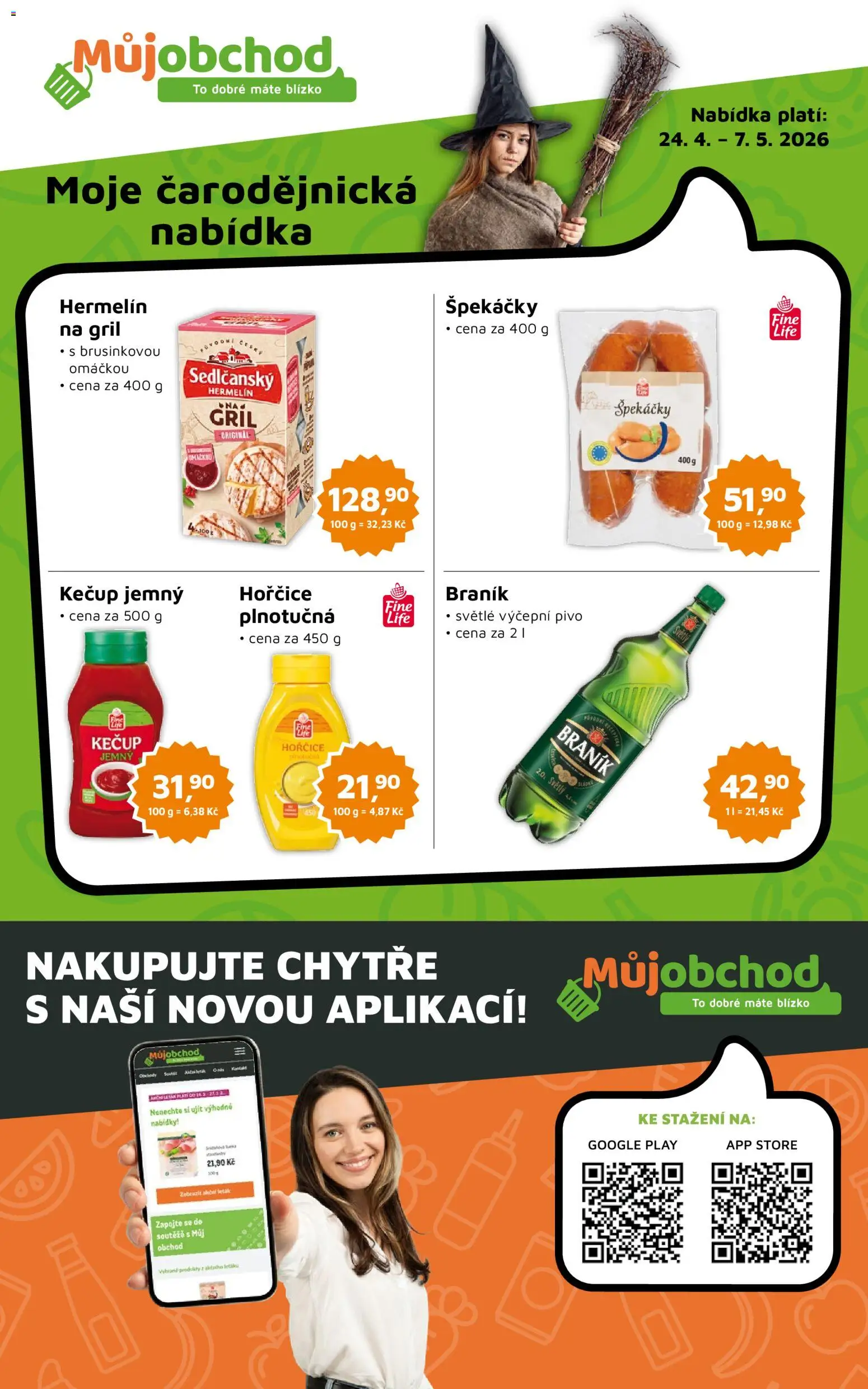 Náhled nabídky: Můj obchod Můj obchod leták platný od 24.04.2026 - Pivo, Gril, Braník, Hermelín, Hořčice, Kečup, Sedlčanský Hermelín, Špekáčky