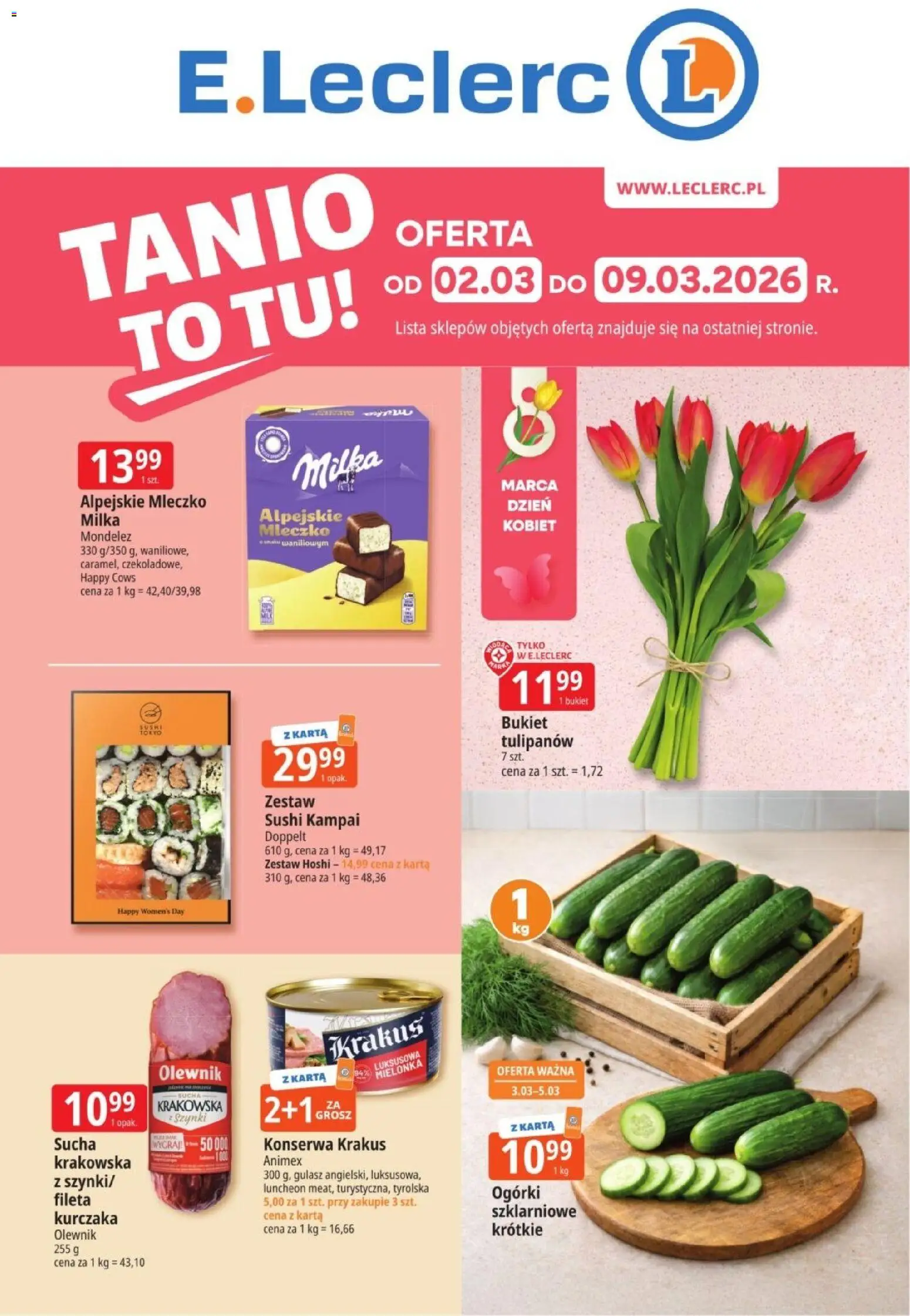 Pogląd gazetki "E.Leclerc Gazetka" ze sklepu E.Leclerc ważnej od 02.03.2026 - Sushi, Gulasz, Milka, Karta, Zestaw sushi