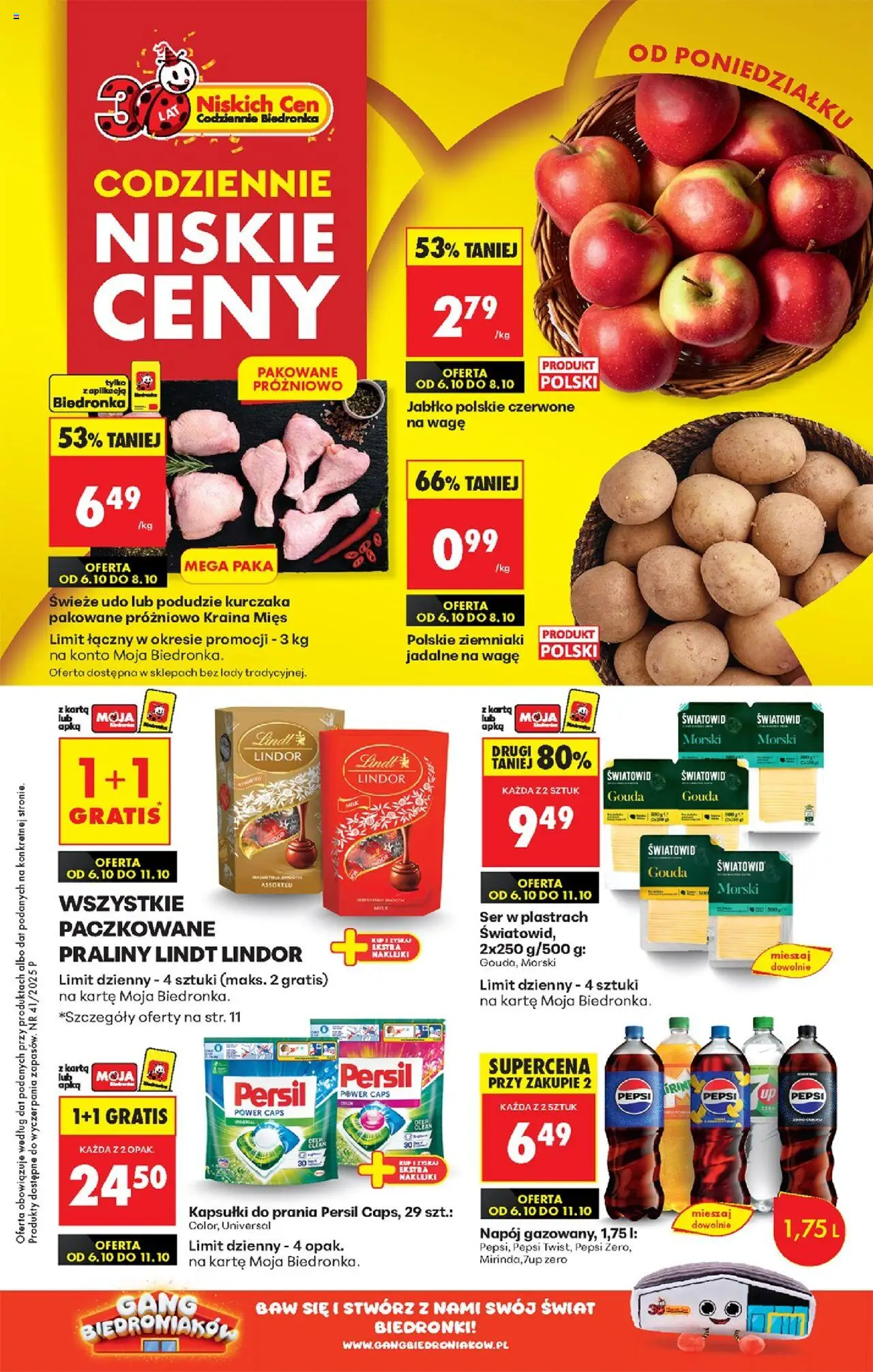 Pogląd gazetki "Nowa gazetka" ze sklepu Biedronka ważnej od 06.10.2025 - Naklejki, Ziemniaki, Kapsułki do prania, Ser, Karta, Praliny lindt, Ser w plastrach, Kraina mięs