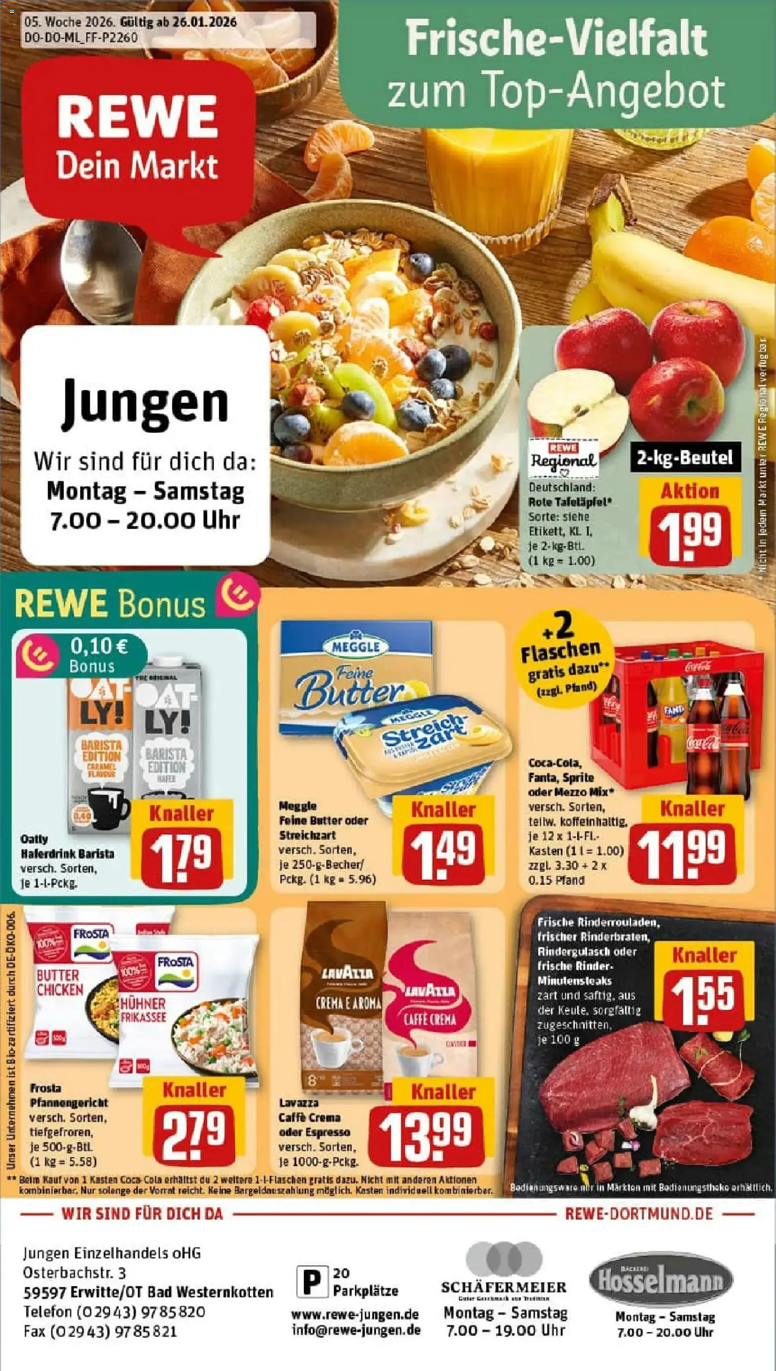 Vorschau von dem Prospekt des Geschäftes Rewe, gültig ab dem 26.01.2026 - Uhr, Bad, Cola, Rindergulasch, Lavazza, Frosta, Sprite, Haferdrink