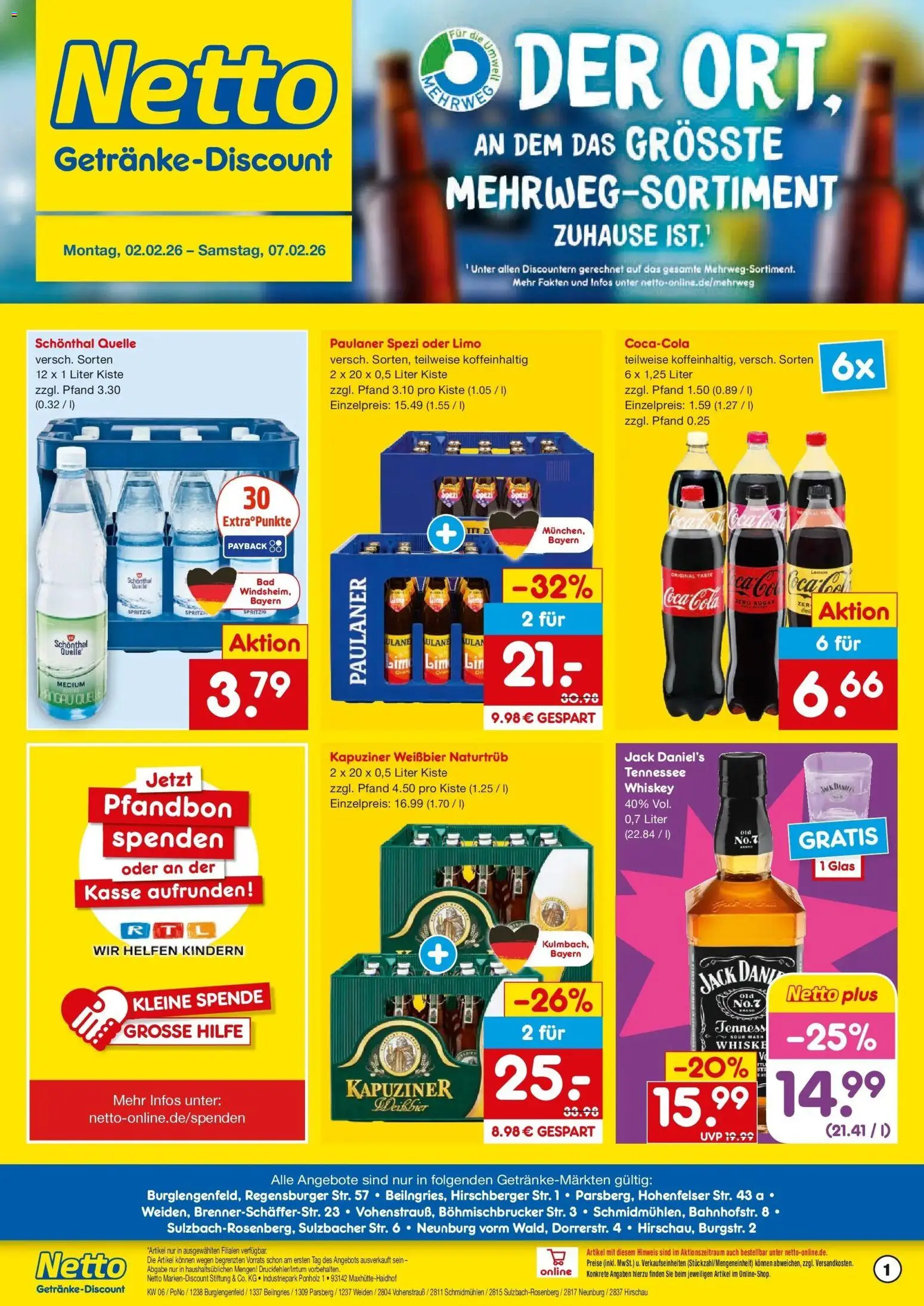 Vorschau von dem Prospekt des Geschäftes Netto Marken-Discount, gültig ab dem 02.02.2026 - Coca cola, Cola, Paulaner spezi, Whiskey, Paulaner, Weißbier, Jack Daniel's
