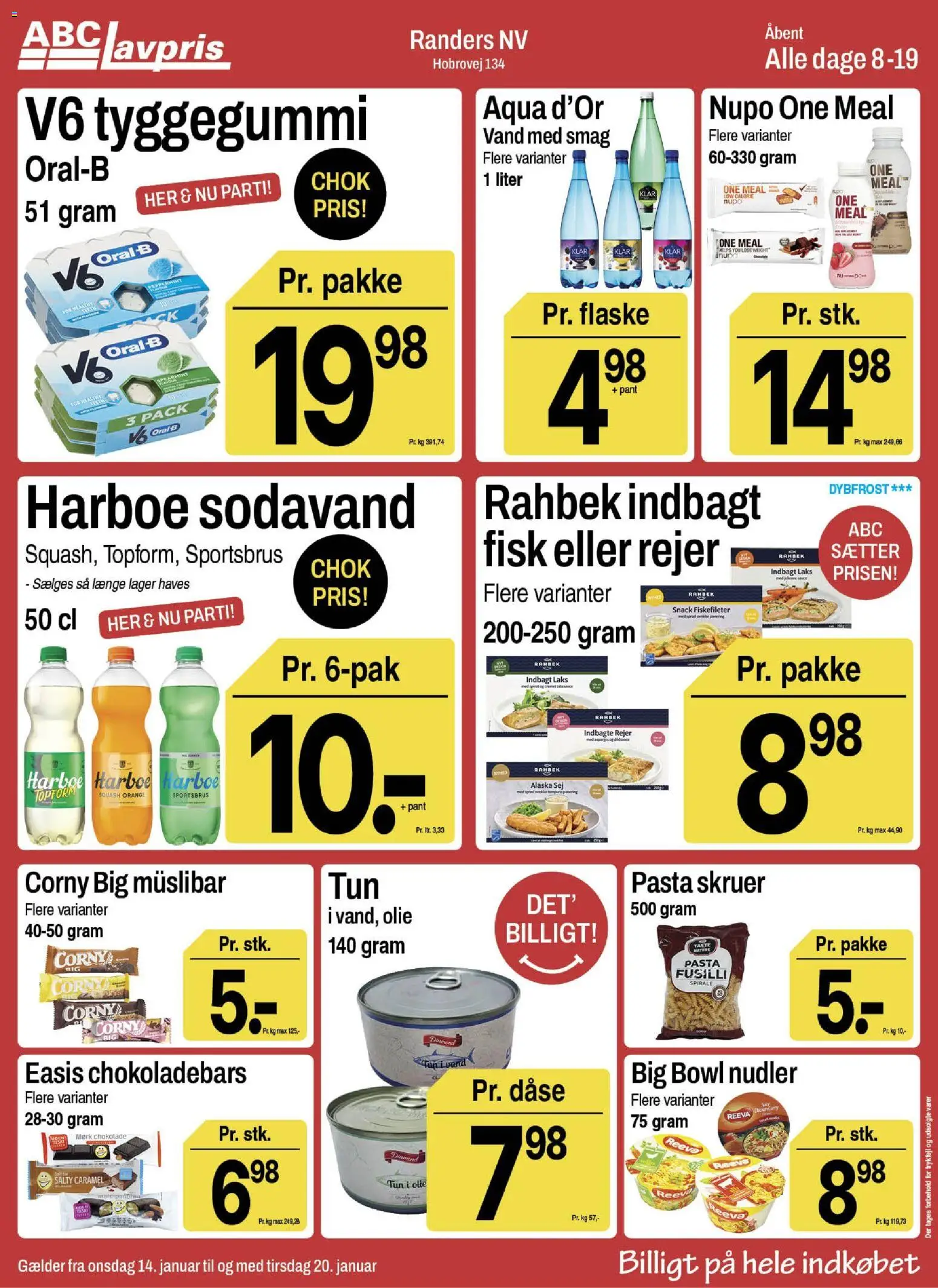 Eksempel på tilbudsavis Randers NV fra butik Abc Lavpris gyldig fra 14/01/2026 - Pasta, Fisk, Chokolade, Squash, Laks, Sodavand, Nudler, Tyggegummi