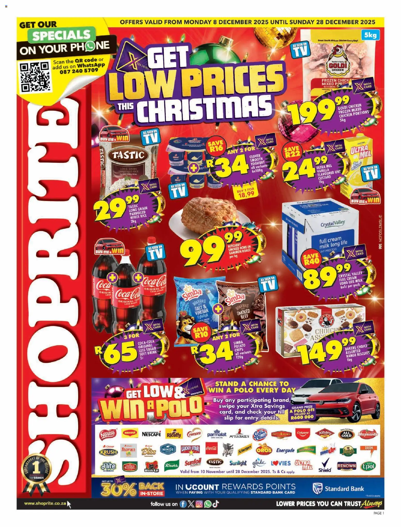 Preview of Shoprite flyer valid from 08/12/2025 - Phone, Chicken, Milk, Biscuits, Sugar, Yoghurt, Beef, Custard