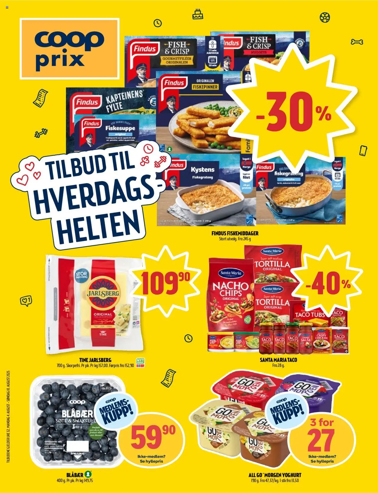 Kundeavis Coop Prix gyldig fra 04/08/2025 - Sidenummer 1 - Chips, Fiskepinner, Nuggets, Fiskegrateng, Jarlsberg, Tortilla, Fiskesuppe, Taco