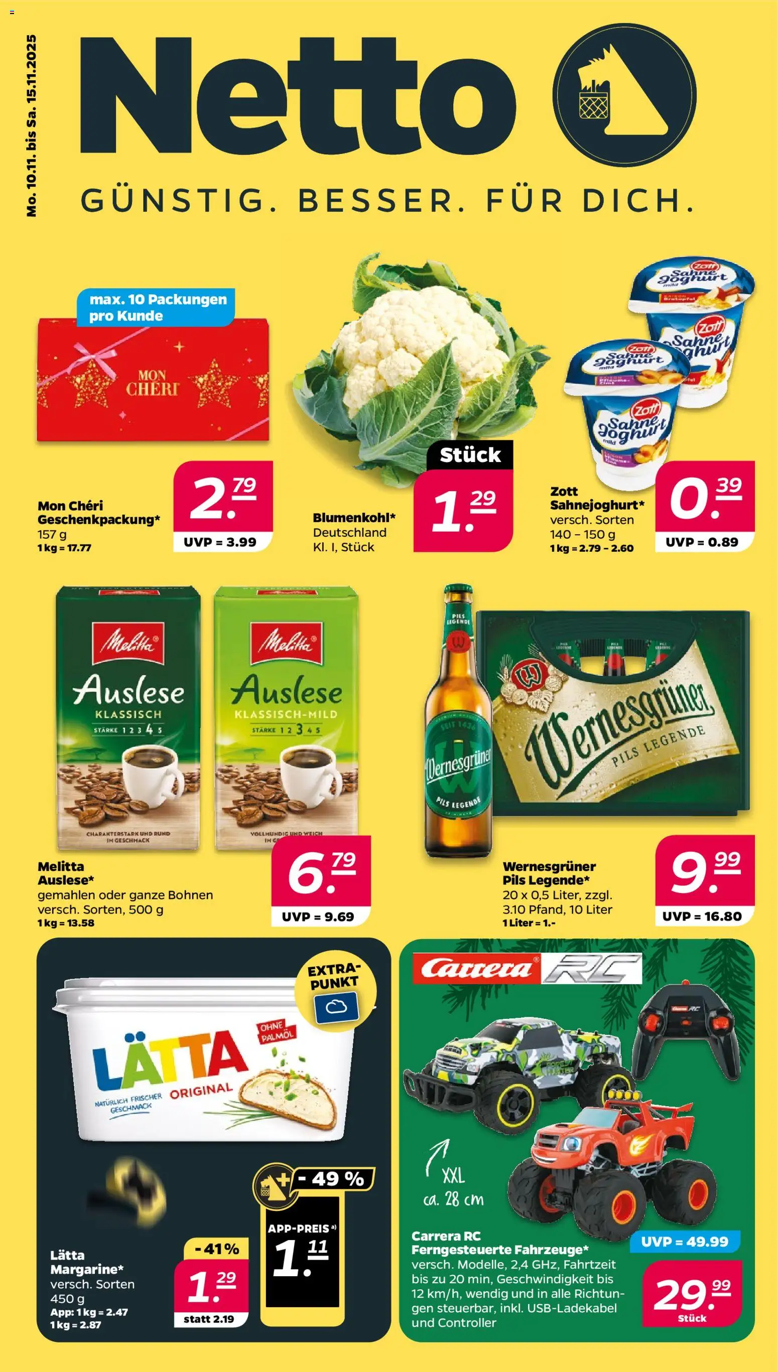 Vorschau von dem Prospekt des Geschäftes Netto, gültig ab dem 10.11.2025 - Joghurt, Melitta, Mon cheri, Pils, Wernesgruner, Lätta