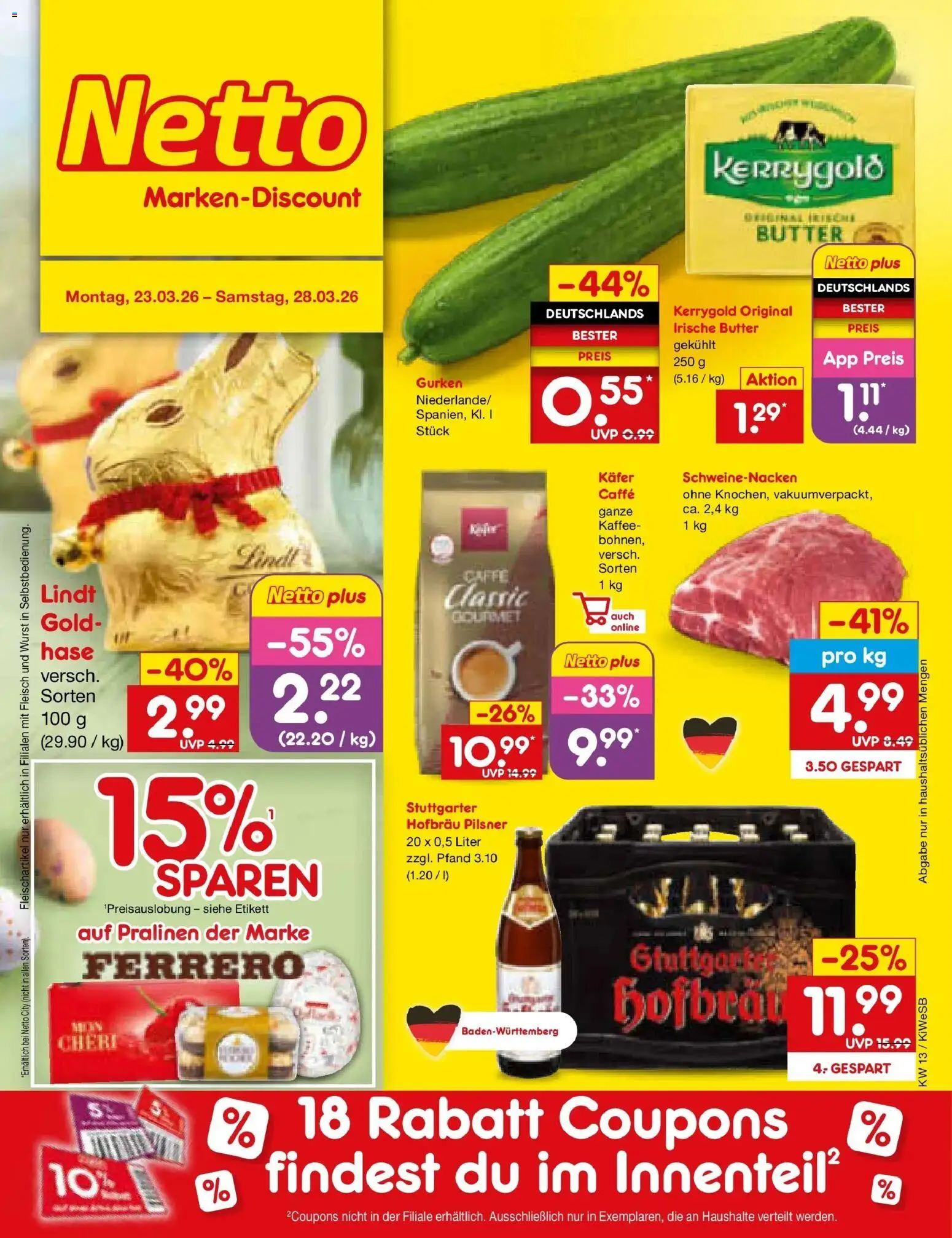 Vorschau von dem Prospekt des Geschäftes Netto Marken-Discount, gültig ab dem 23.03.2026 - Kaffee, Butter, Wurst, Lindt, Fleisch, Gurken, Schweinenacken