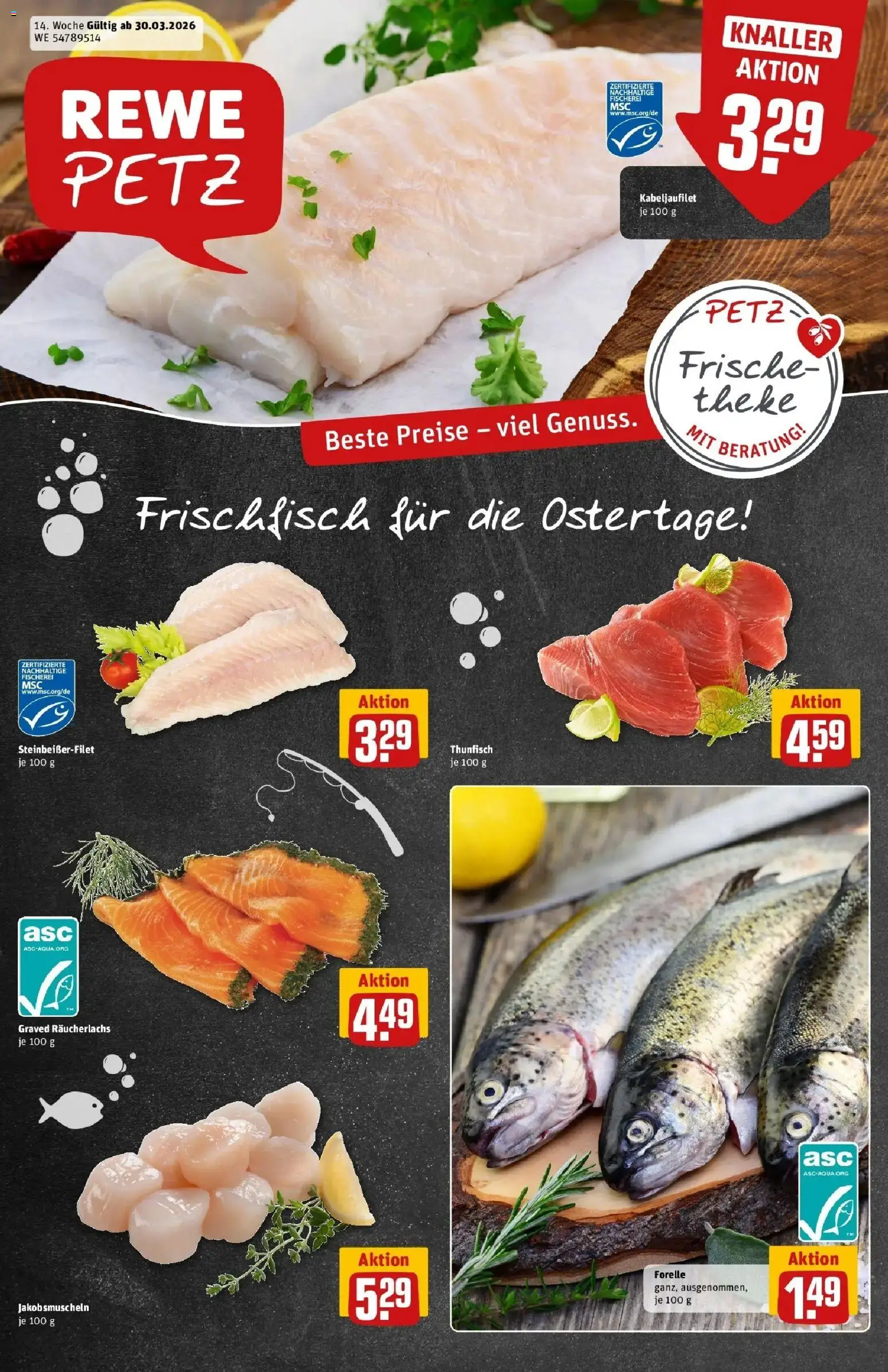 Vorschau von dem Prospekt des Geschäftes Rewe, gültig ab dem 30.03.2026 - Thunfisch, Theke, Räucherlachs