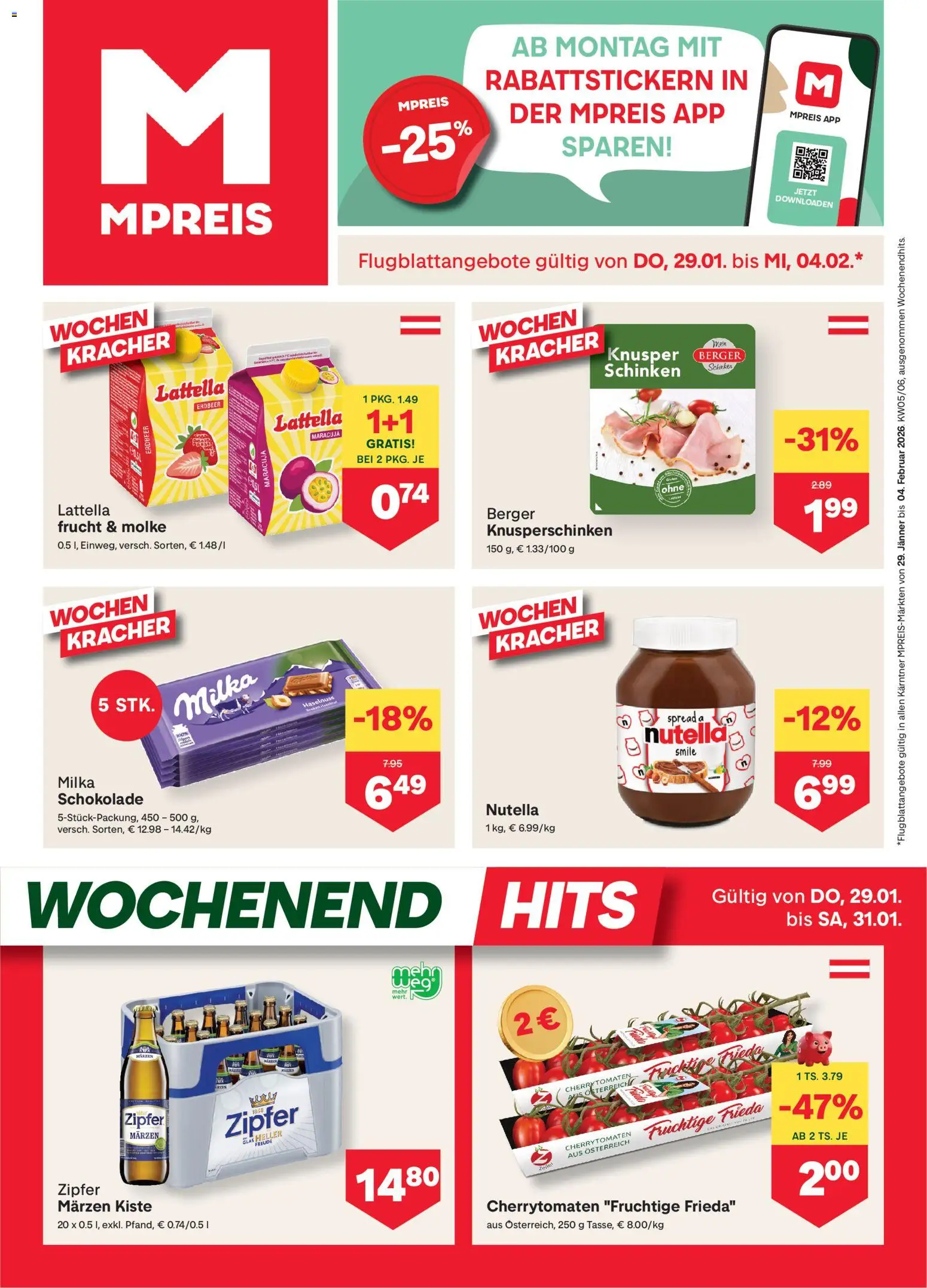 Vorschau der Angebote: MPREIS Kärnten gültig ab 29.01.2026 - Schokolade, Nutella, Schinken