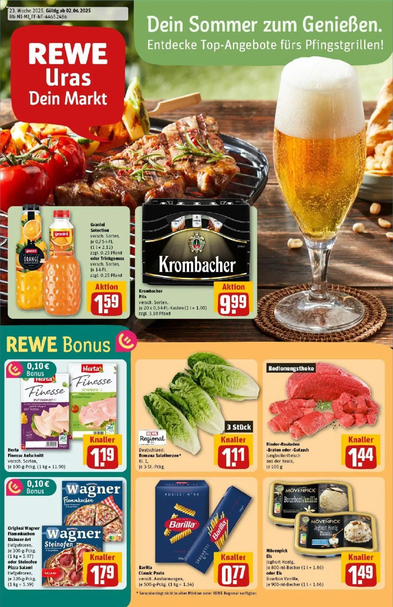 REWE Prospekt ab 01.06.2025 nächste Woche - Prospekt Pohlheim / Garbenteich - Eis, Gulasch, Joghurt, Rinderrouladen, Krombacher, Bourbon, Movenpick eis, Granini