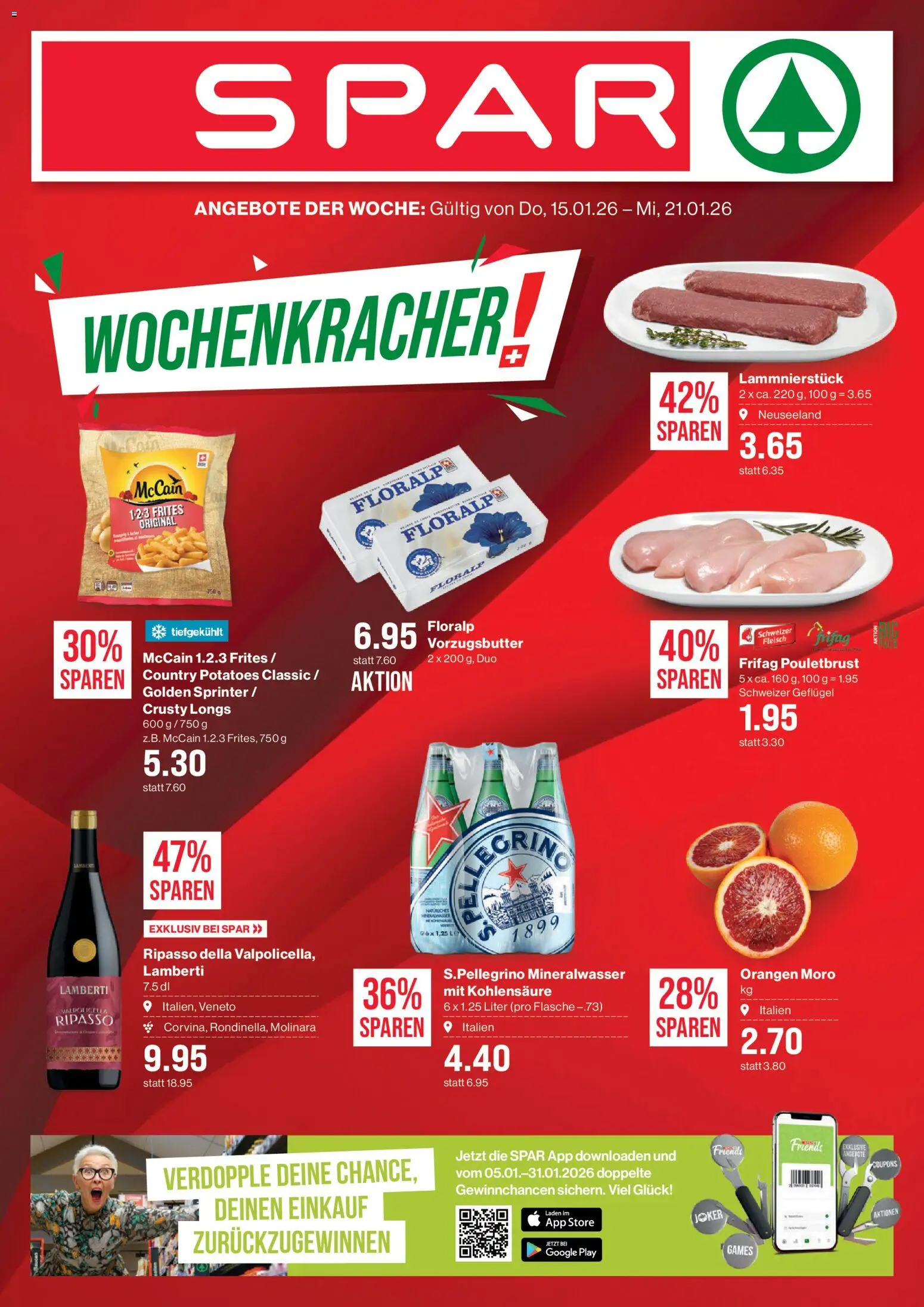 Vorschau des Merkblatts Aktionen vom Shop SPAR gültig von 15.01.2026 bis 21.01.2026 - Pouletbrust, Mineralwasser, Orangen