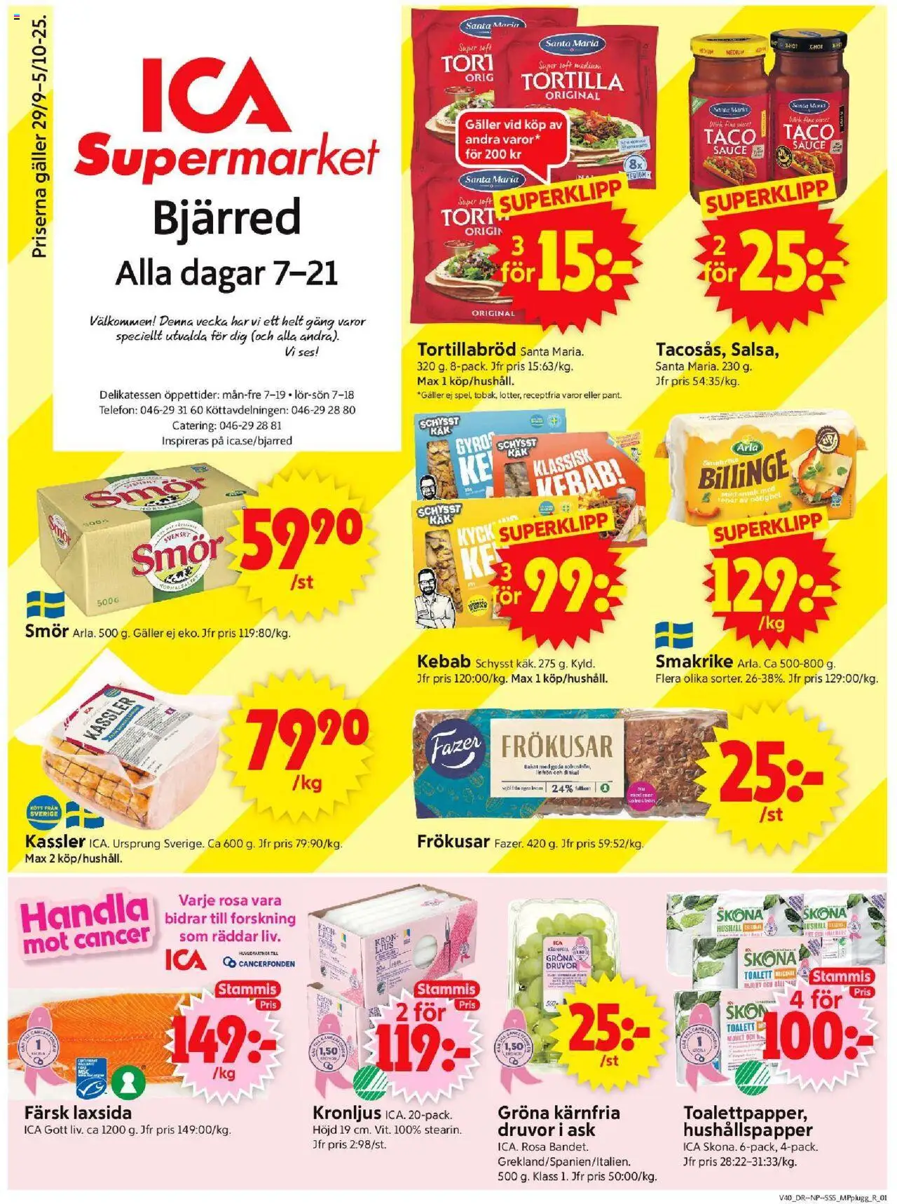Bjärred är giltig 29/09 2025 > Veckans Erbjudanden gäller från 29/09/2025 till 05/10/2025 sidnummer 1 - Telefon, Toalett, Ljus, Kassler, Galler, Tortilla, Mjöl, Hushållspapper