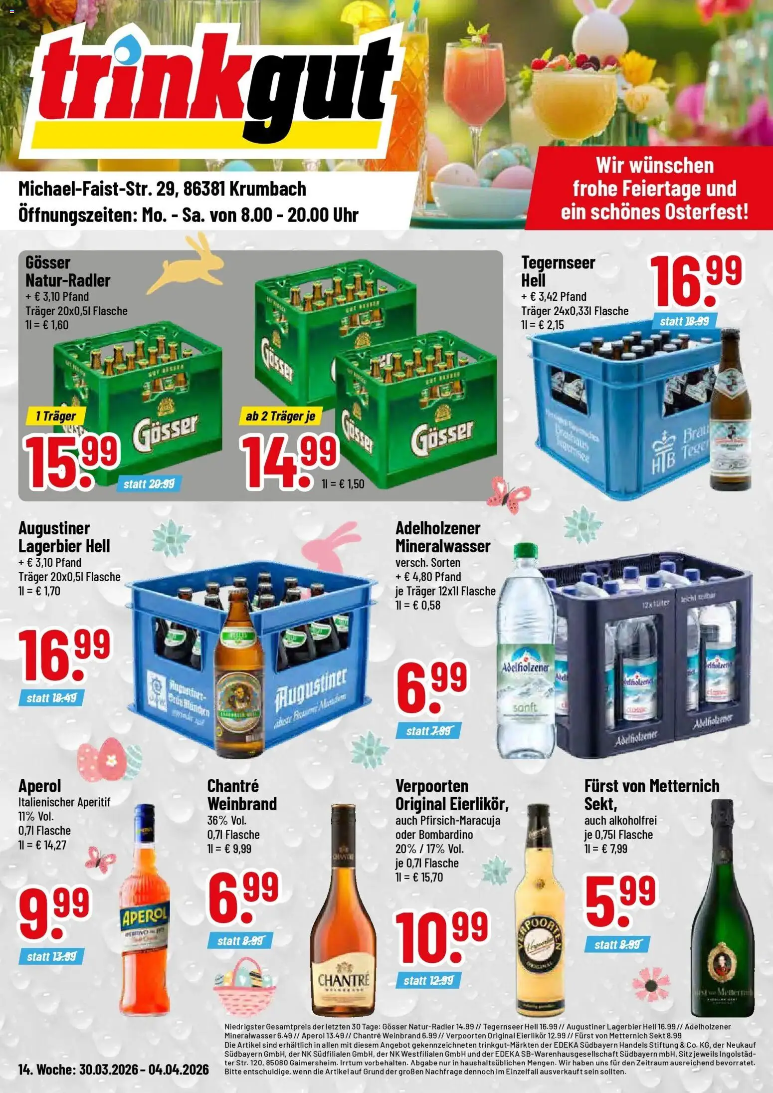Vorschau von dem Prospekt des Geschäftes Trinkgut, gültig ab dem 30.03.2026 - Uhr, Aperol, Mineralwasser, Sekt, Adelholzener, Chantré, Furst von metternich